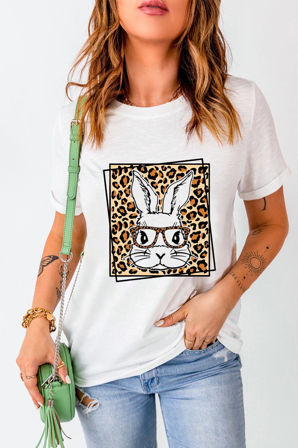 White Leopard Cute Bunny Graphic Crewneck Easter Tee