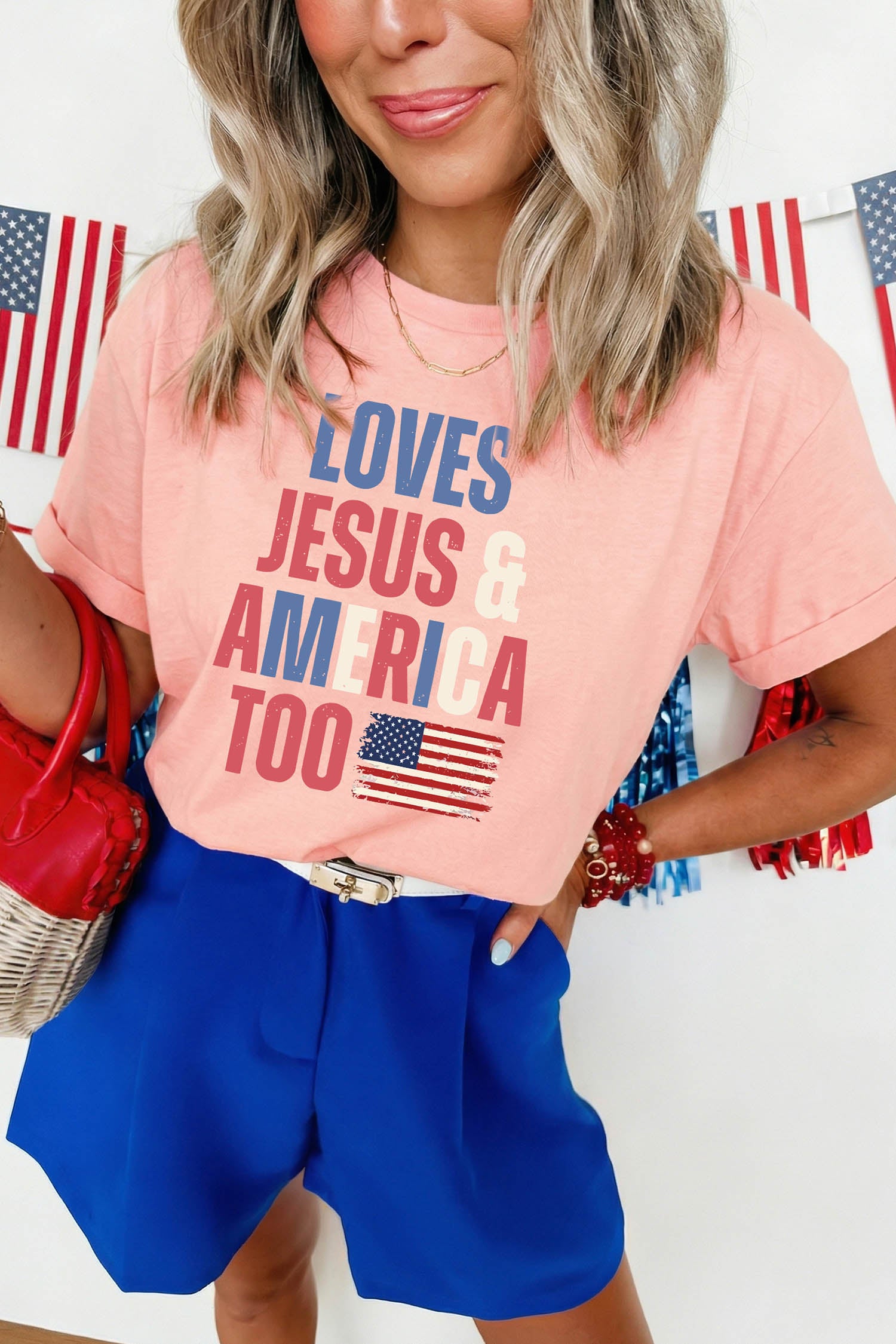 Pink LOVES JESUS & AMERICA TOO Patriotic Flag Graphic Tee
