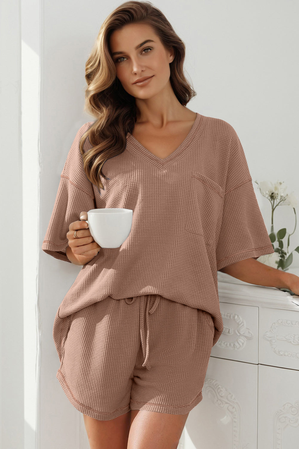 Chestnut Solid Color Waffled V Neck Loose Tee Drawstring Shorts Set