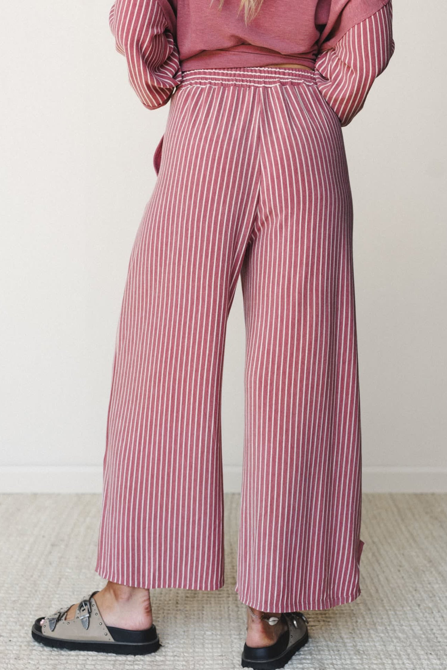 Fushia Raw Seam Patchwork Long Sleeve Top Pocket Casual Pants 2pcs Set