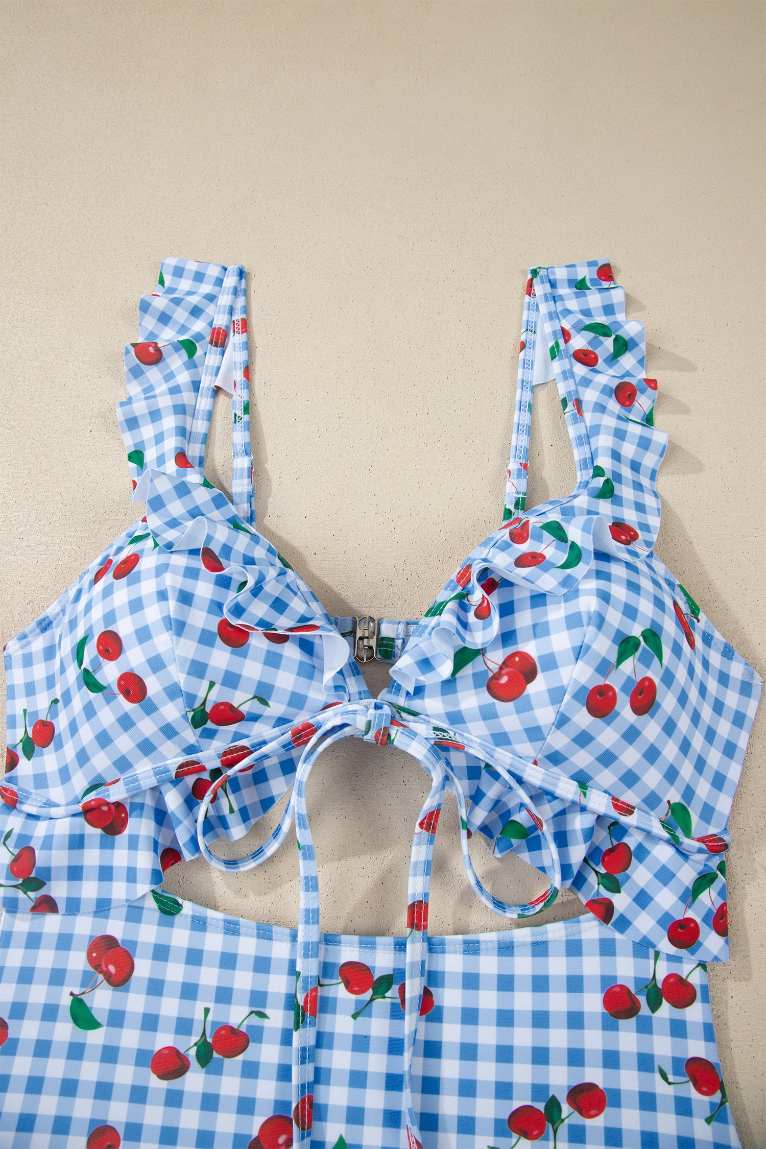 Sky Blue Plaid Cherry Print Ruffle Trim Tie Front Cutout High Waist Monokini