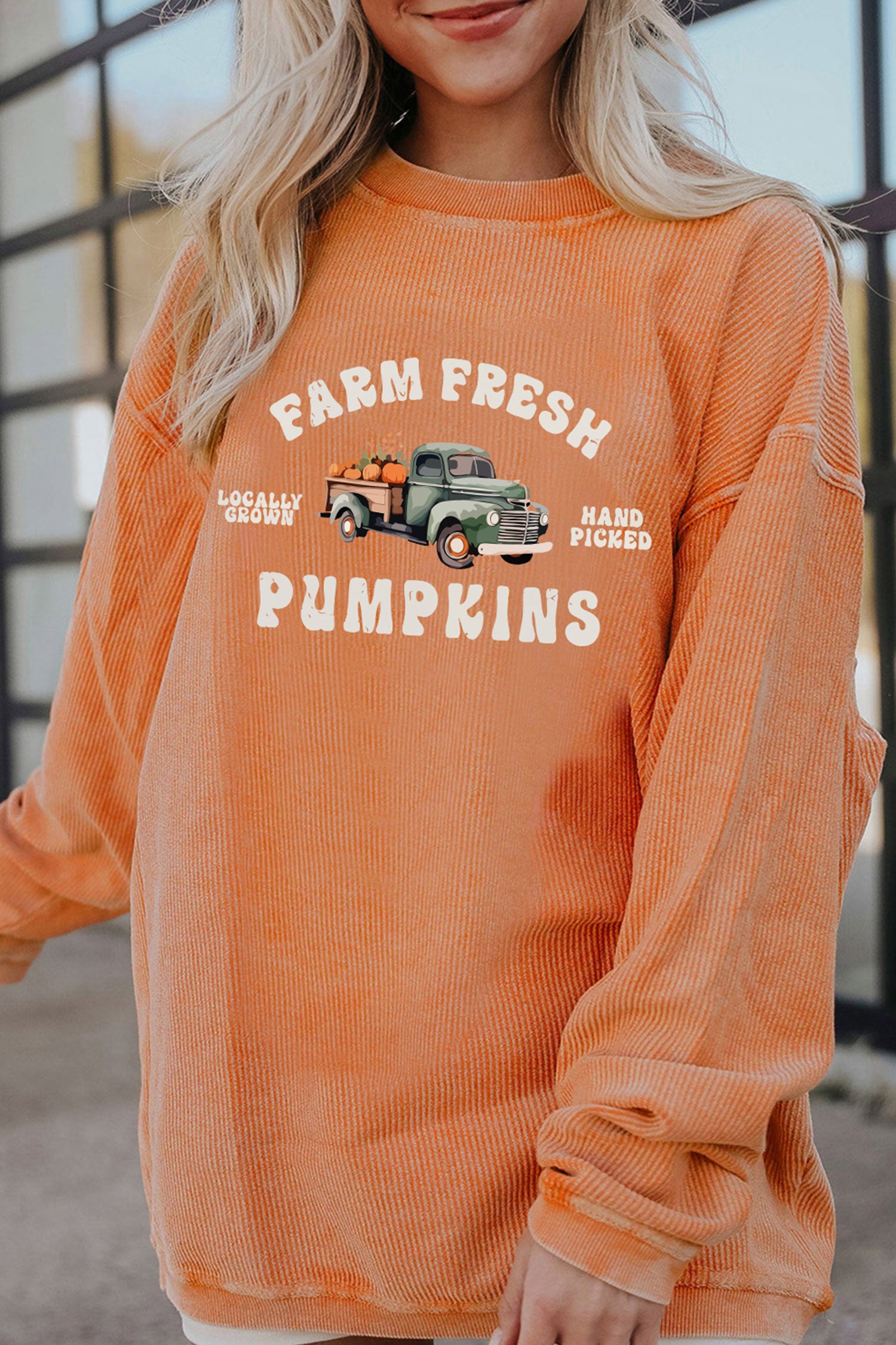 Orange Corded Ribbed Farm Fresh Pumpkins Graphic Pullover Sweatshirt