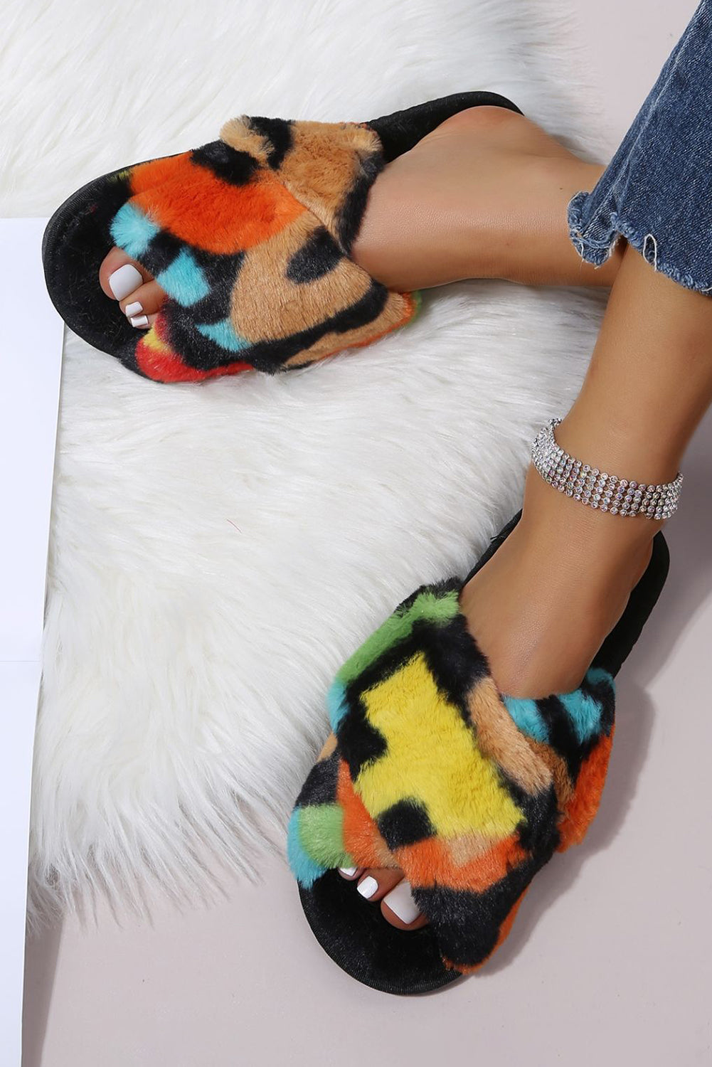 Black Plush Color Block Cross Strap Home Slippers
