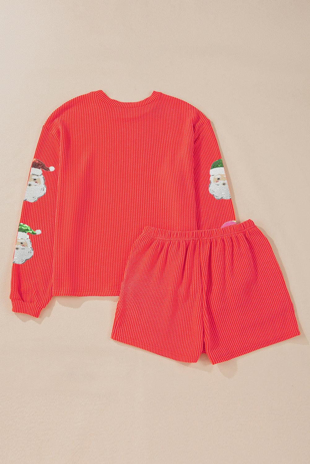 Gold Flame Father Christmas Sequin Patched Long Sleeve Top and Shorts Twisted Ribbed 2pcs Outfit