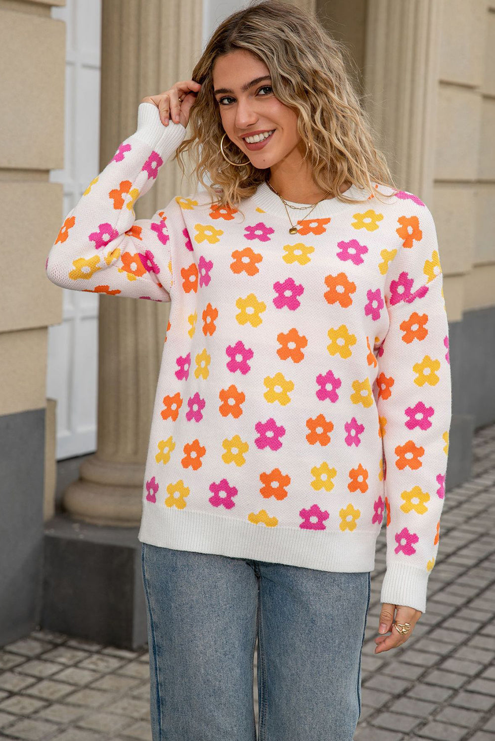 White Cute Flower Allover Ribbed Trimmed Drop Shoulder Pullover Sweater