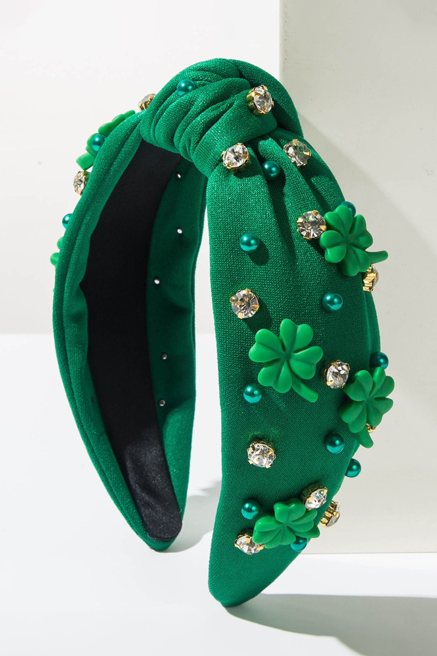 Dark Green Pearl Bead Rhinestone Embellished Lucky Clover Knotted Headband