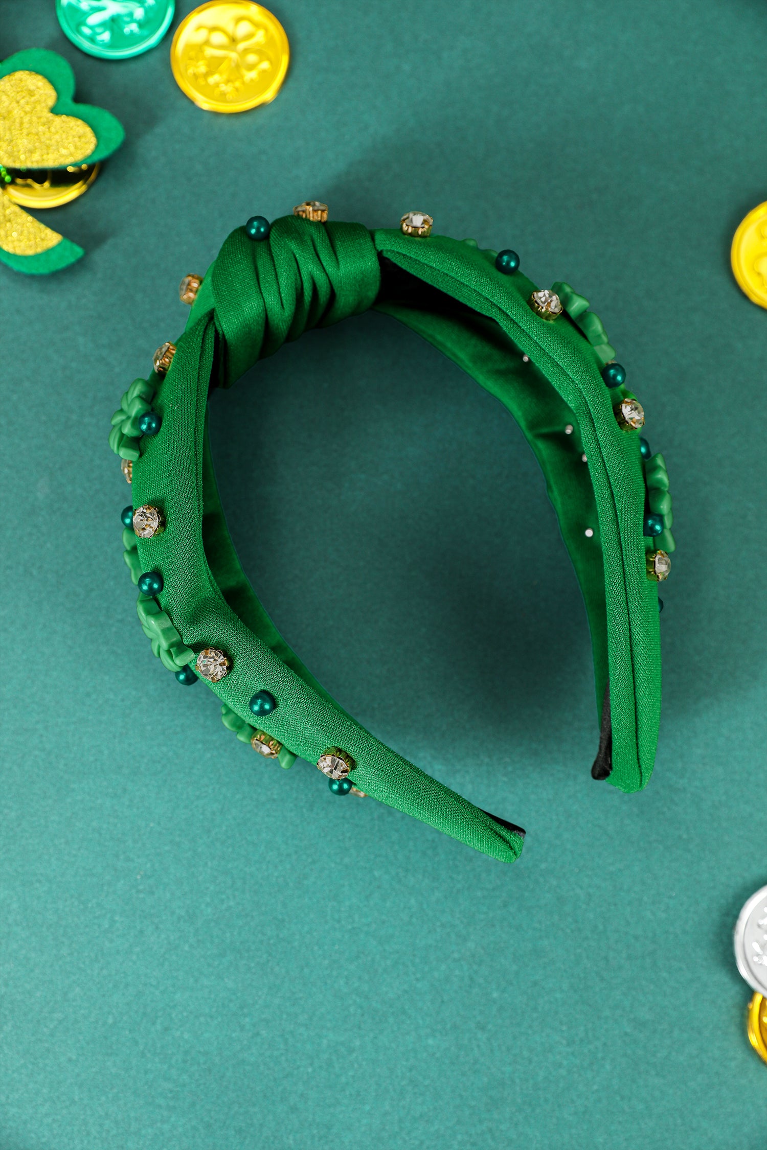 Dark Green Pearl Bead Rhinestone Embellished Lucky Clover Knotted Headband