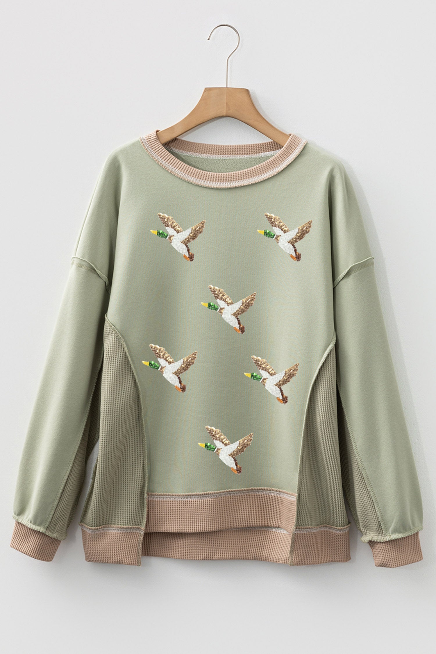Smoke Green Sequined Mallard Duck Print Waffle Patchwork Graphic Sweatshirt
