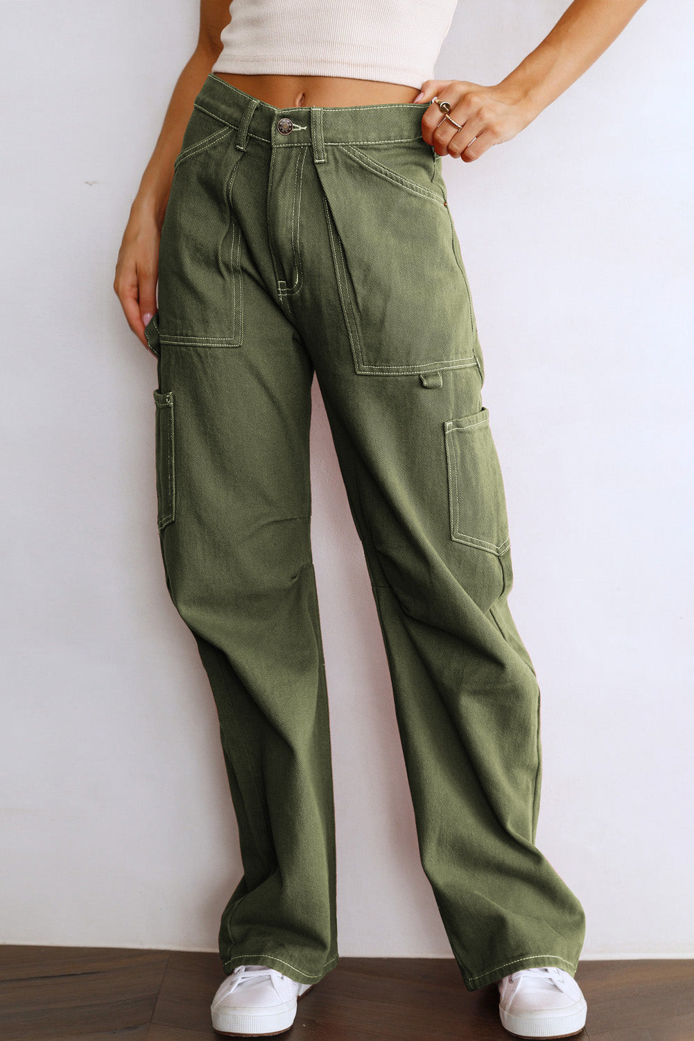 Green-2 High Waist Straight Leg Cargo Pants with Pockets