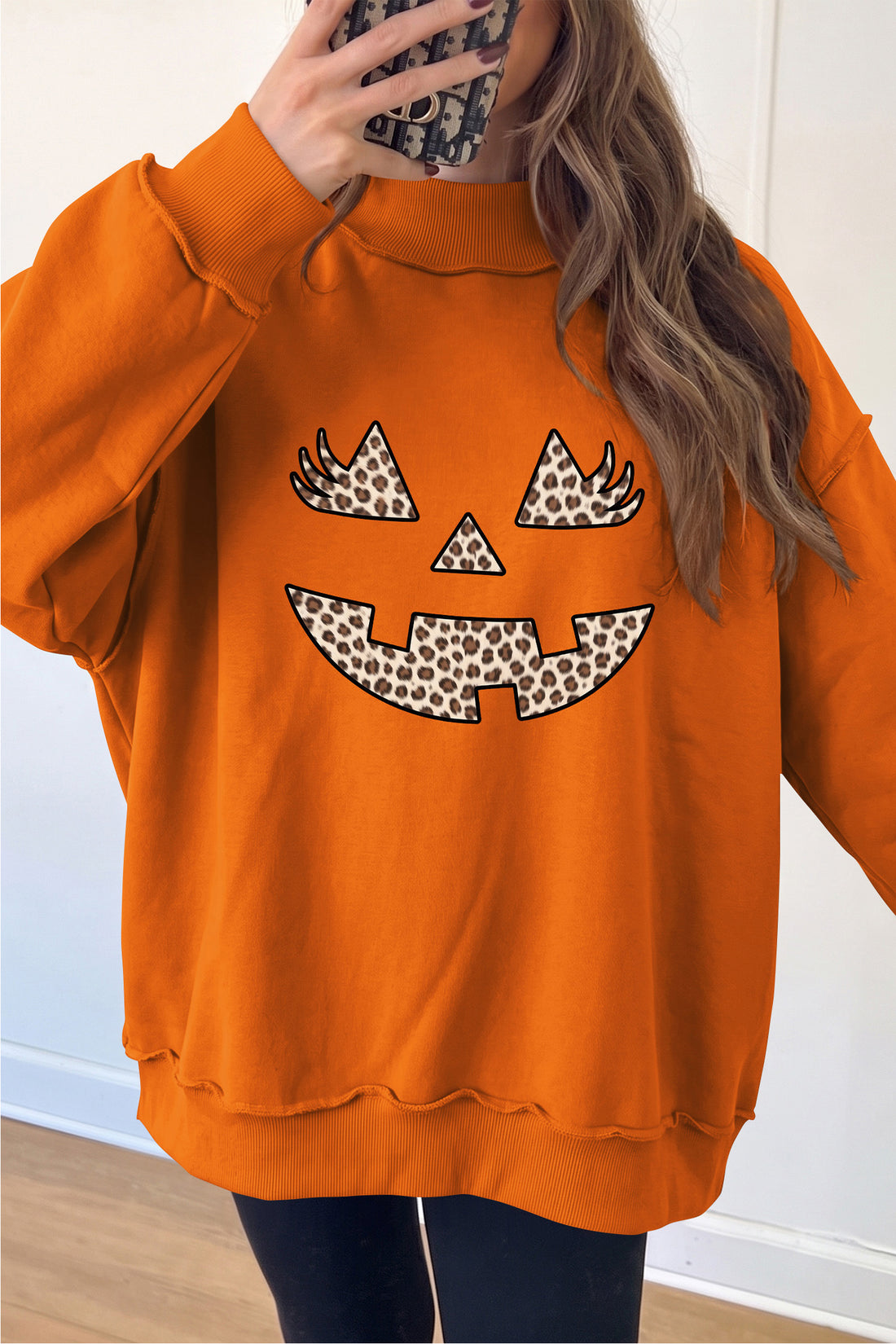Carrot Leopard Halloween Pumpkin Face Printed Exposed Seam Mock Neck Sweatshirt