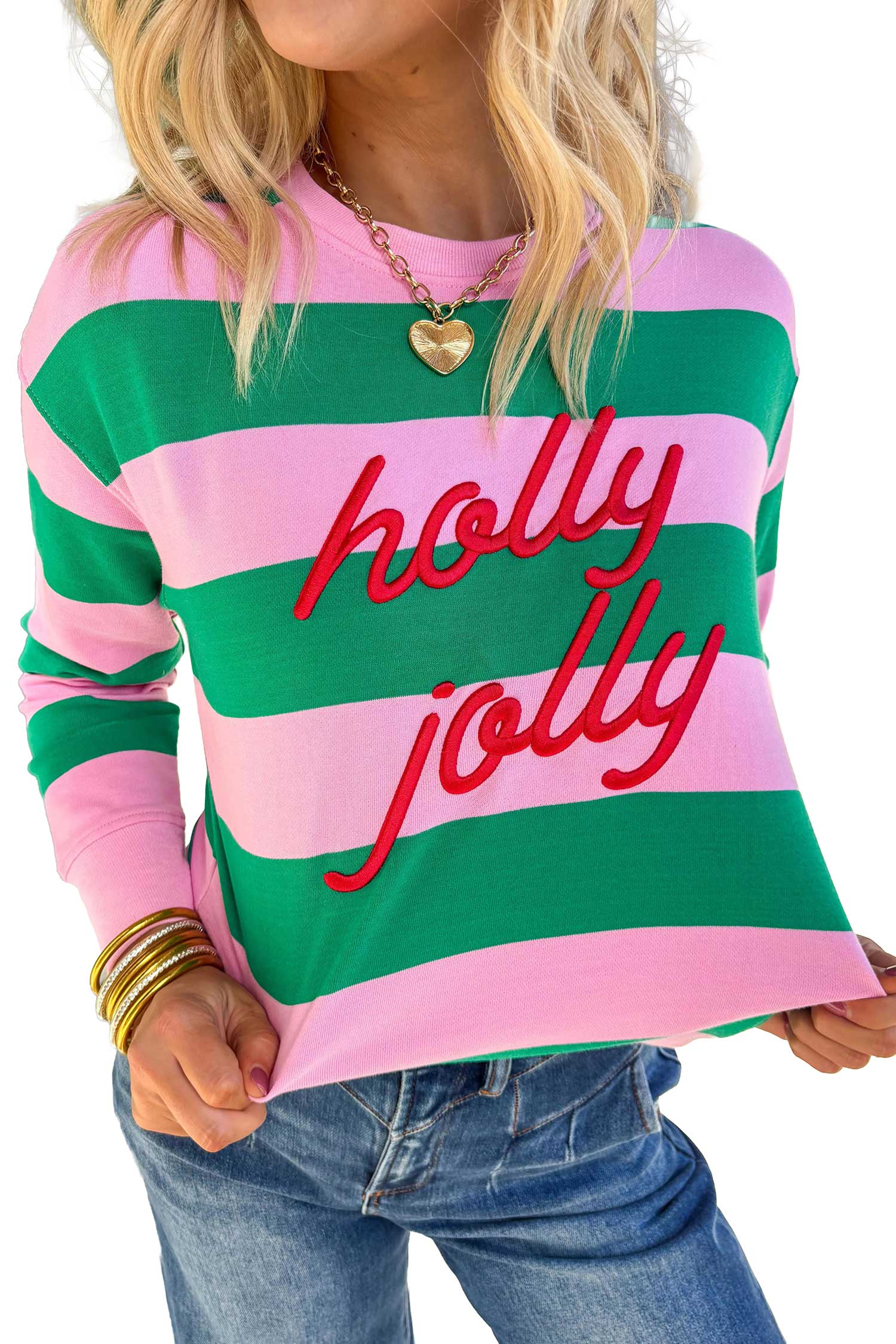 Green Stripe holly jolly Letter Embroidered Pullover Sweatshirt