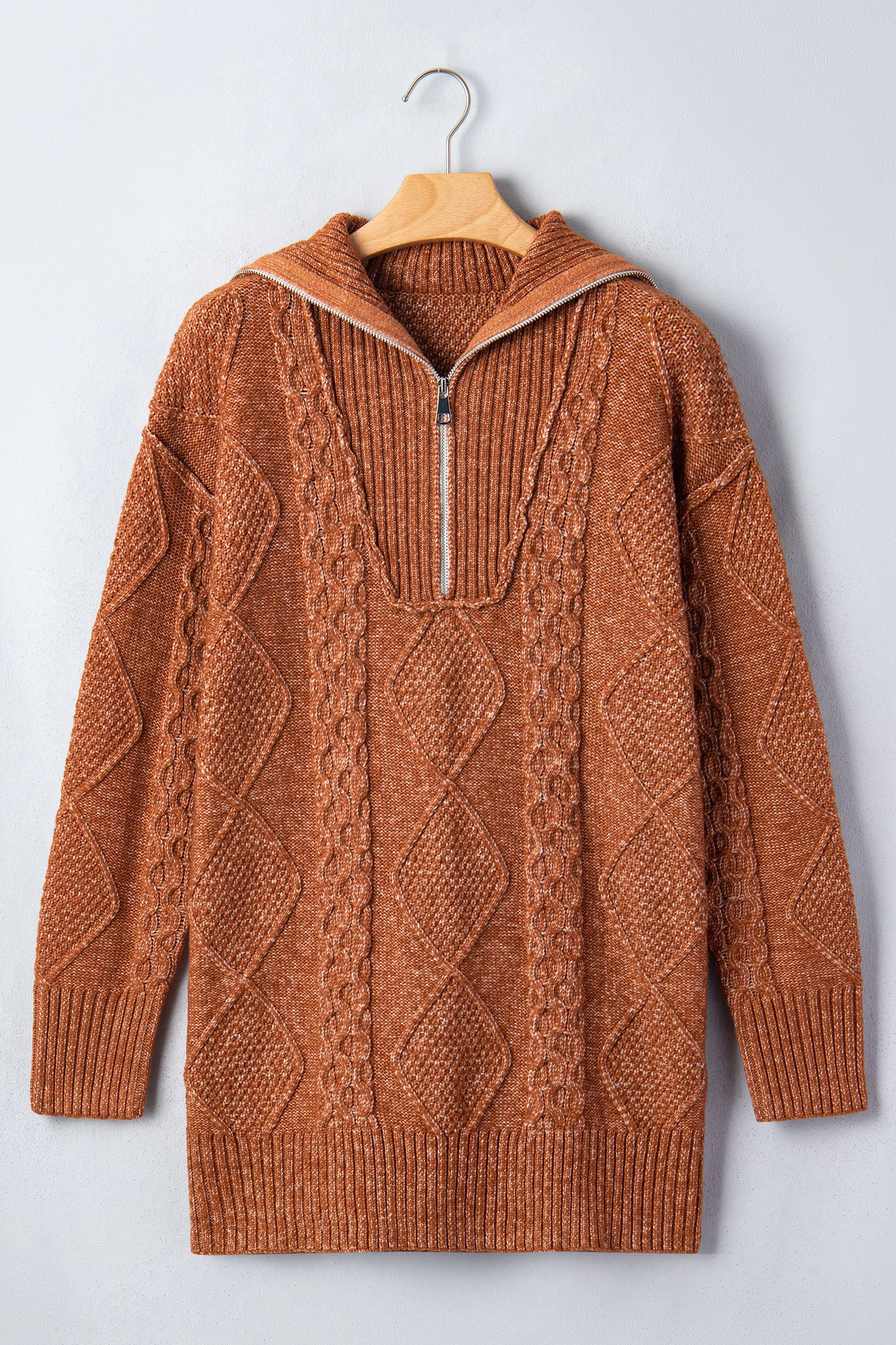 Clay Zip-Up Cable Knit Drop Shoulder Sweater Dress