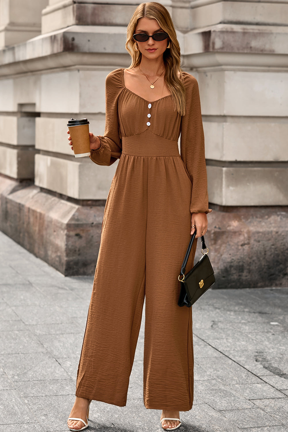 Chestnut Solid Color Long Sleeve Shirred Button Detail Straight Leg Jumpsuit