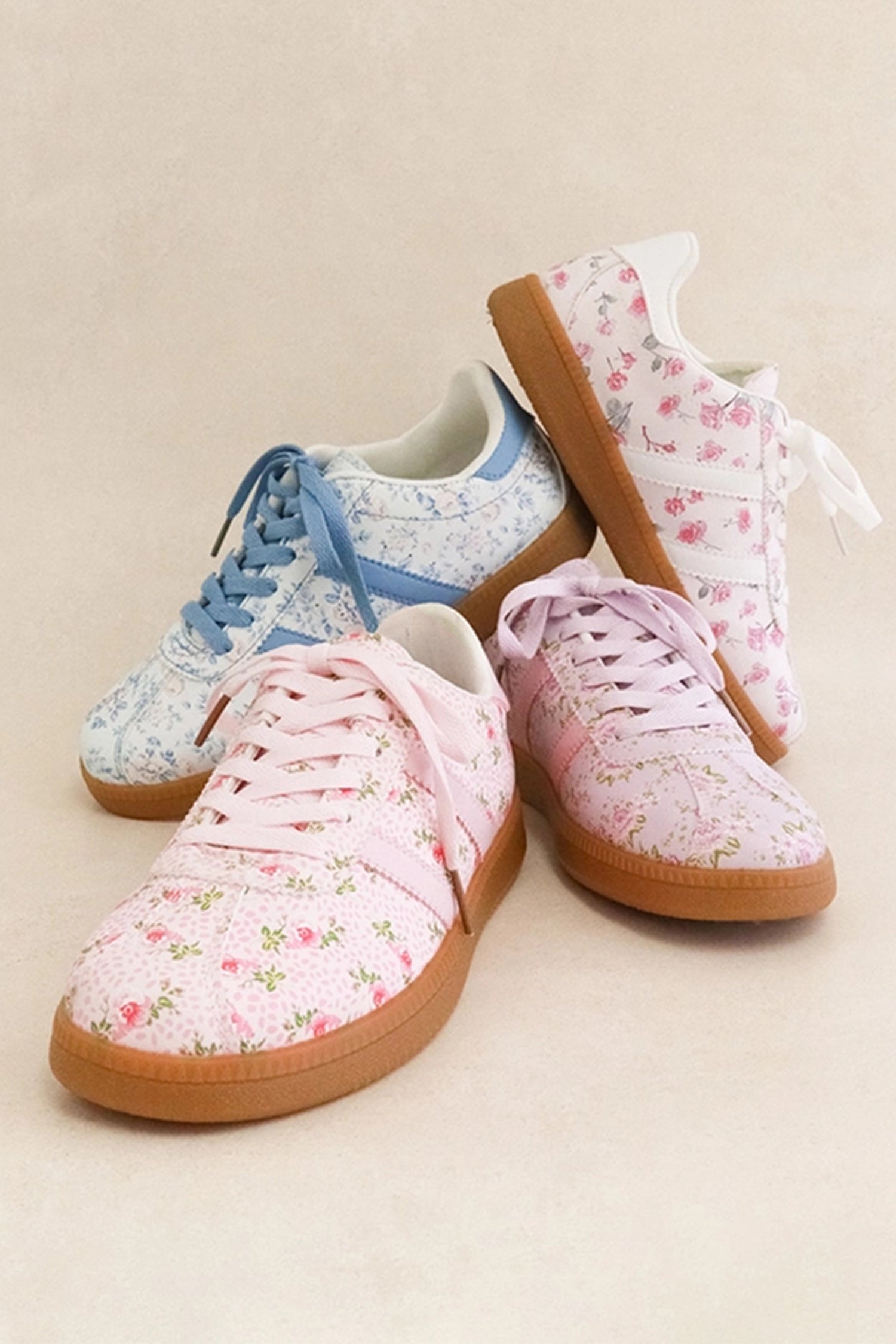 Light Pink Floral Print Lace-up PU Leather Flat Shoes