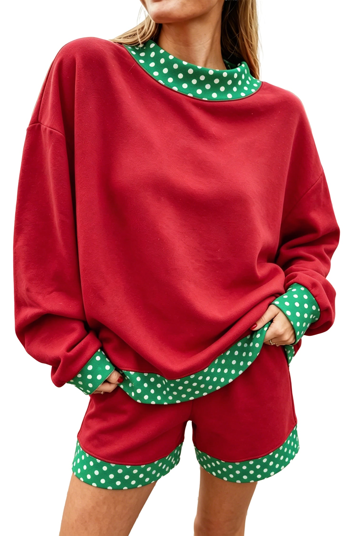 Racing Red Polka Dot Trim Baggy Pullover 2pcs Short Set