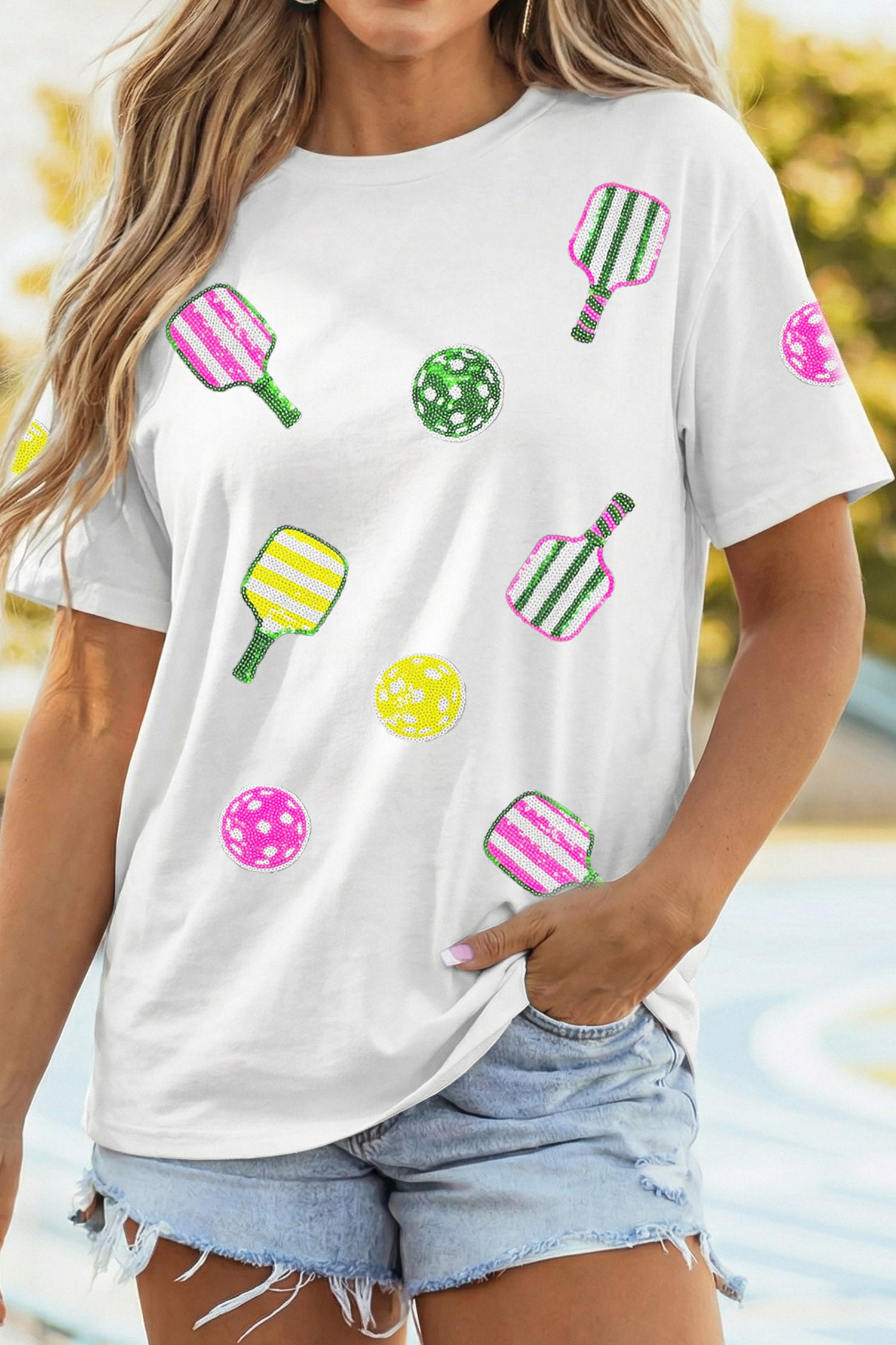 White Sequin Pickleball Graphic Casual T Shirt