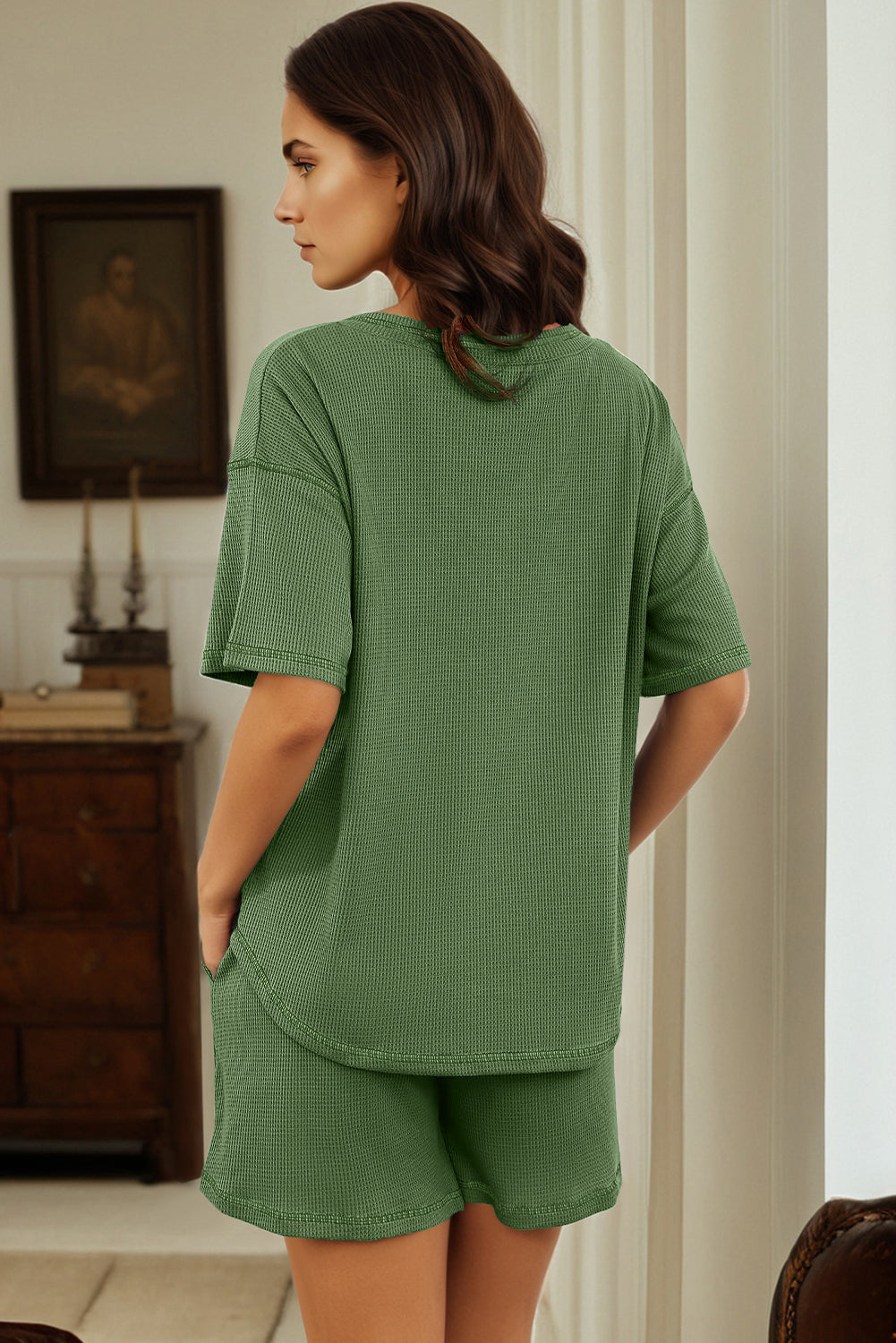 Fern Green Solid Color Waffled V Neck Loose Tee Drawstring Shorts Set