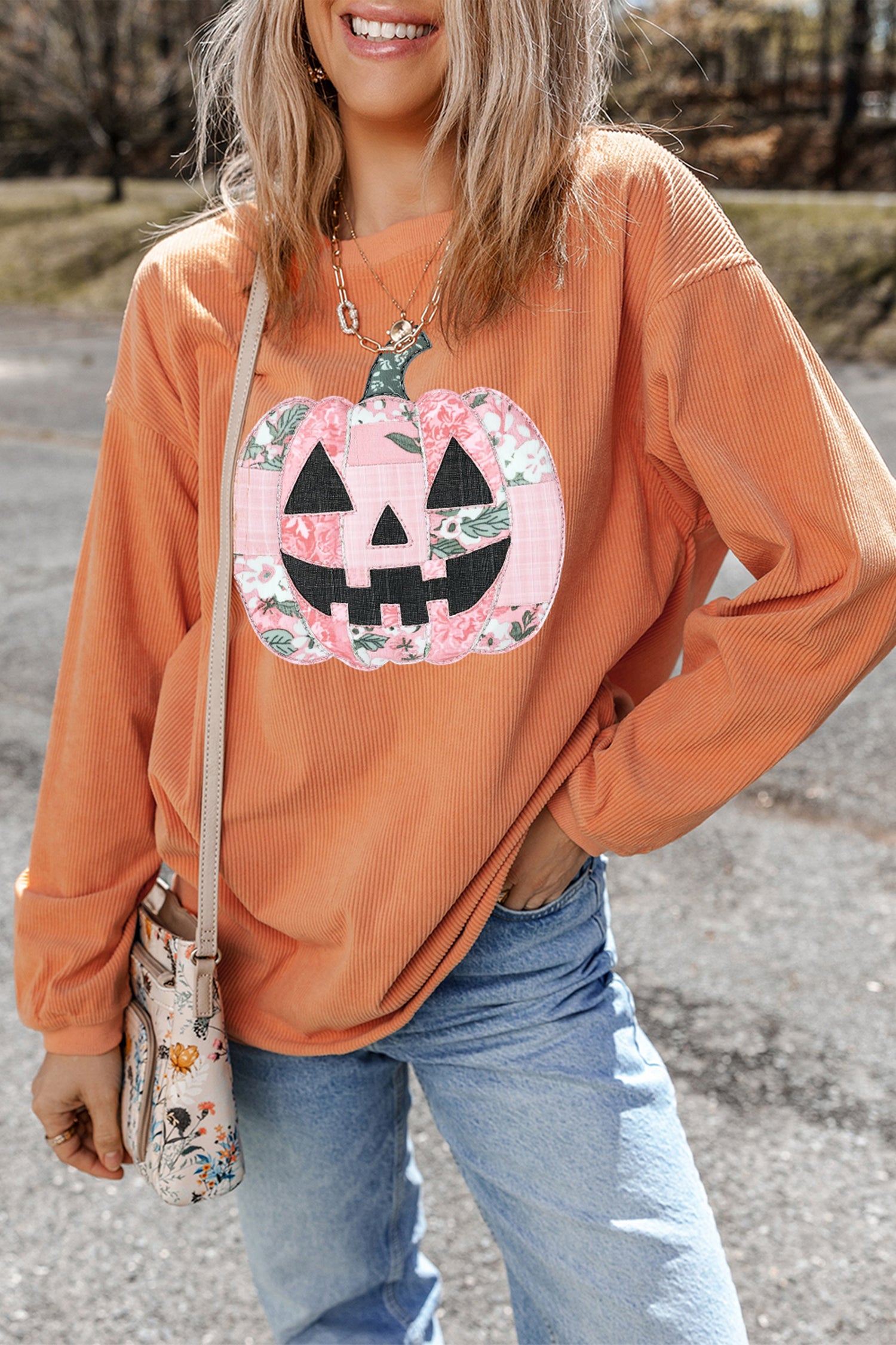 Orange Patchwork Pumpkin Graphic Corded Ribbed Round Neck Tunic Sweatshirt