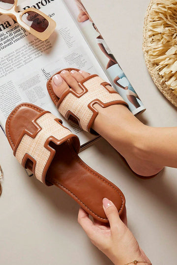 Coffee Faux Raffia Detail Hollowed Open Toe Slippers
