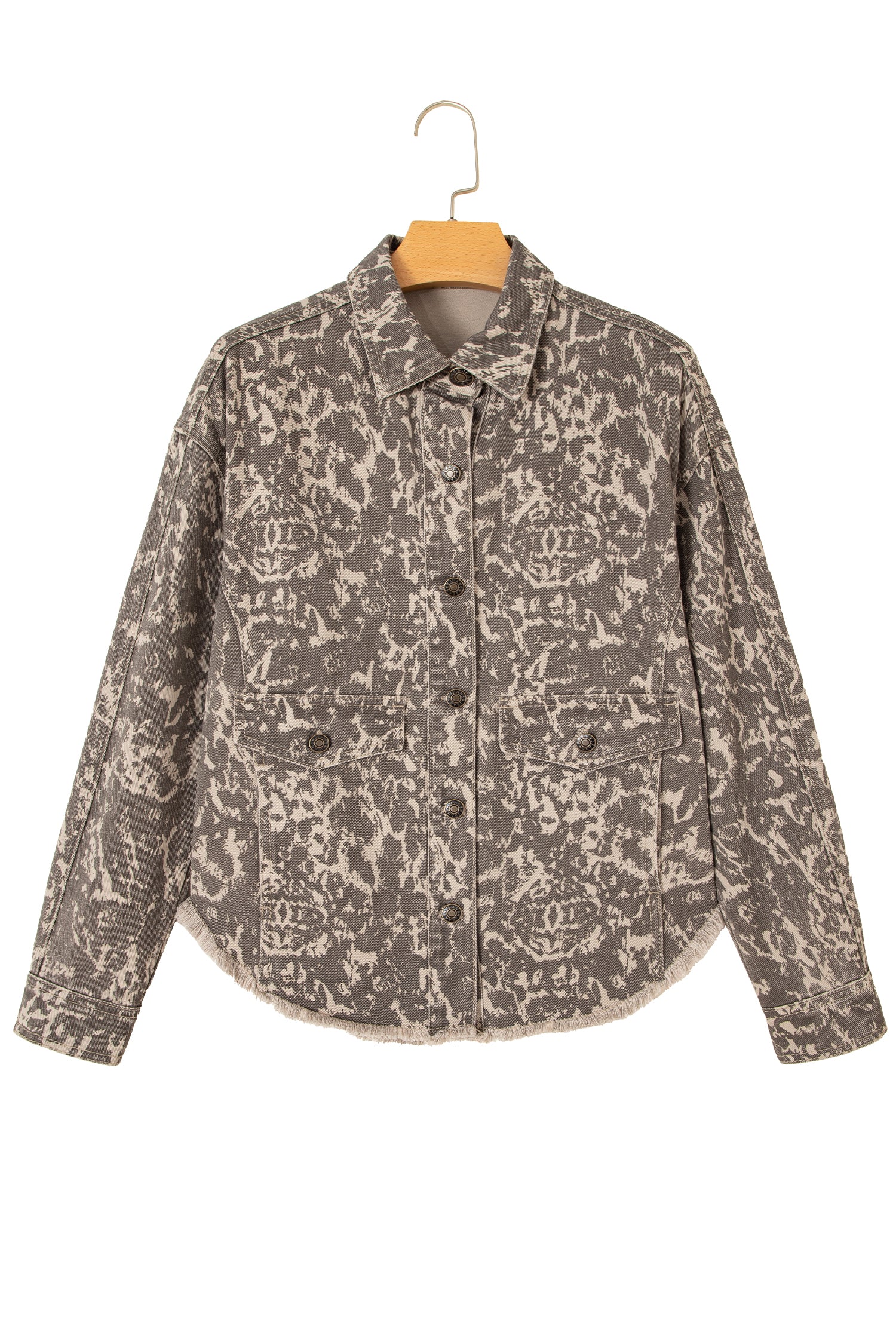 Khaki Abstract Print Long Sleeve Collar Raw Hem Denim Jacket