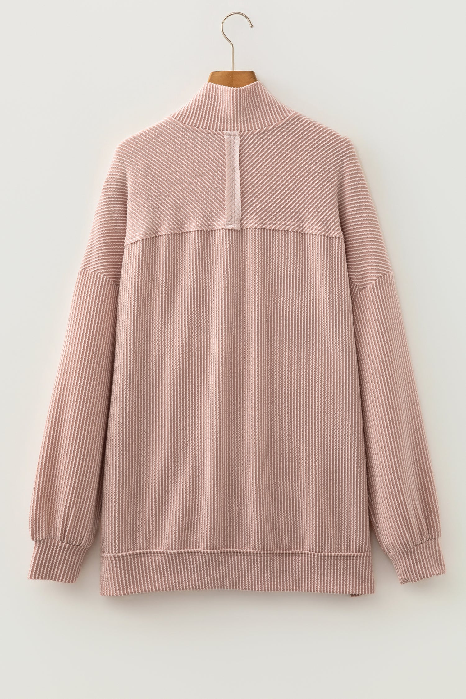 Oatmeal Twist Ribbed Zipper Collar Drop Shoulder Long Sleeve Top