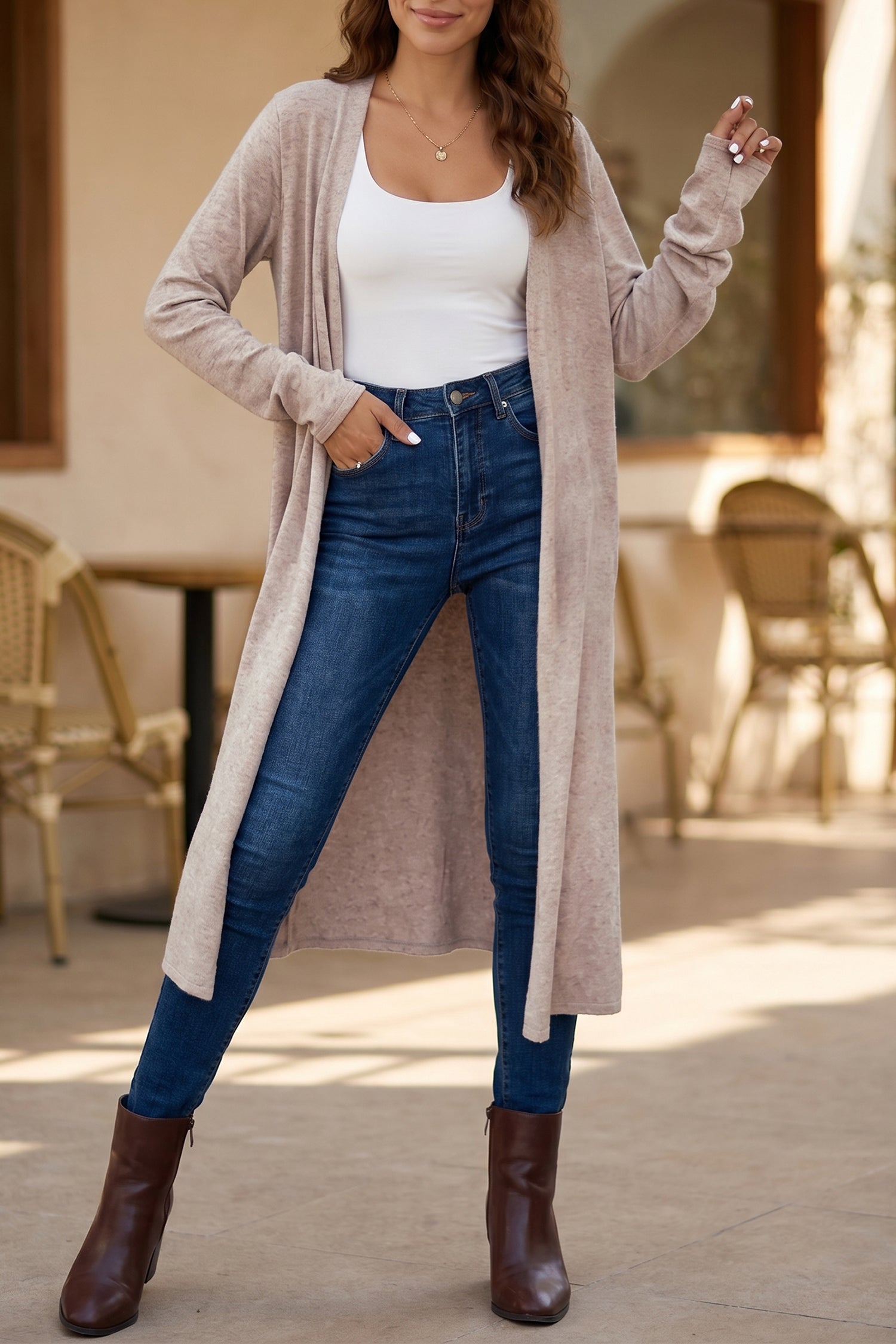 Parchment Solid Color Long Sleeve Casual Tunic Shift Cardigan