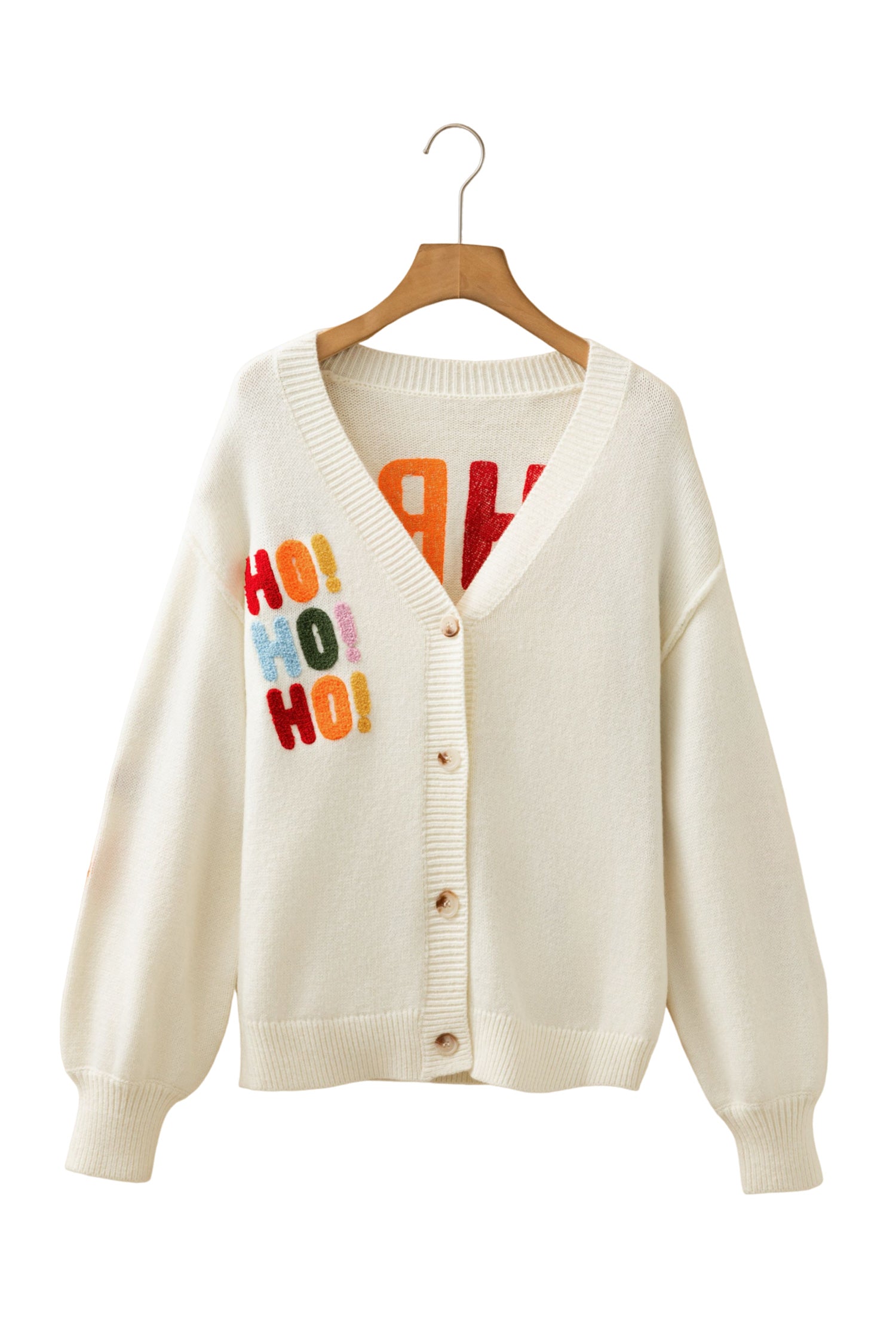 White Ho Ho Ho Slogan V Neck Button Front Embroidered Knit Cardigan