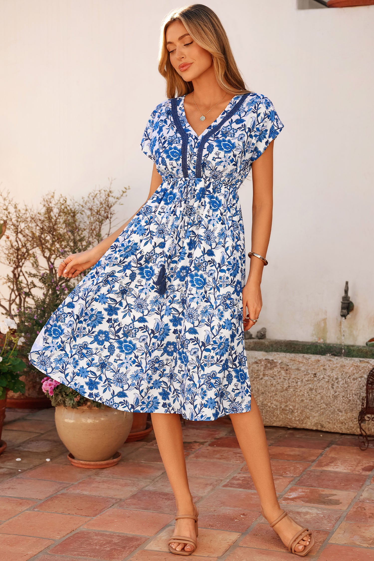 Sky Blue Abstract Print Embroidered Trim V Neck Drawstring High Waist Loose Vacation Dress