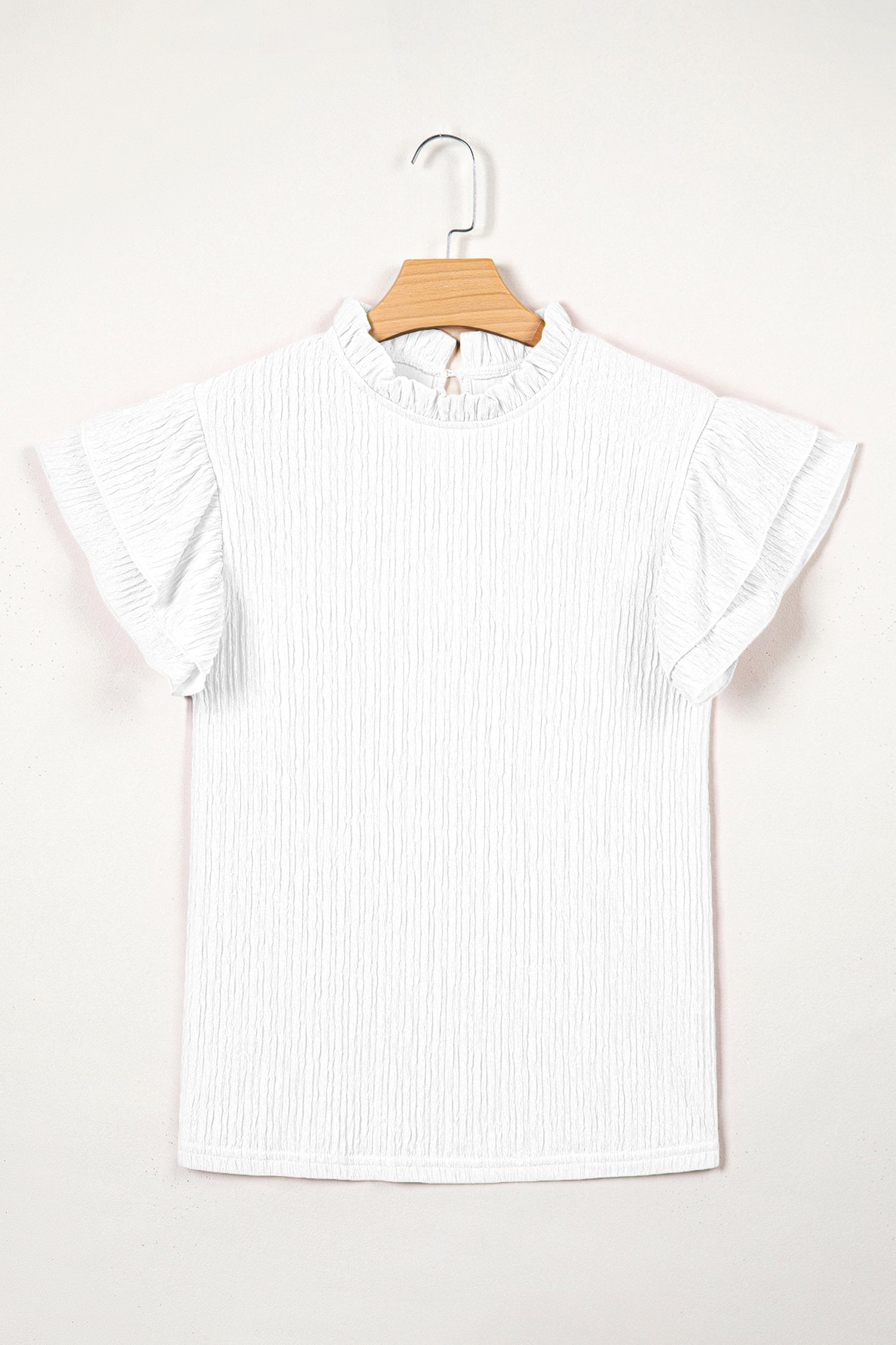 White Solid Color Textured Ruffle Trim Short Sleeve Blouse