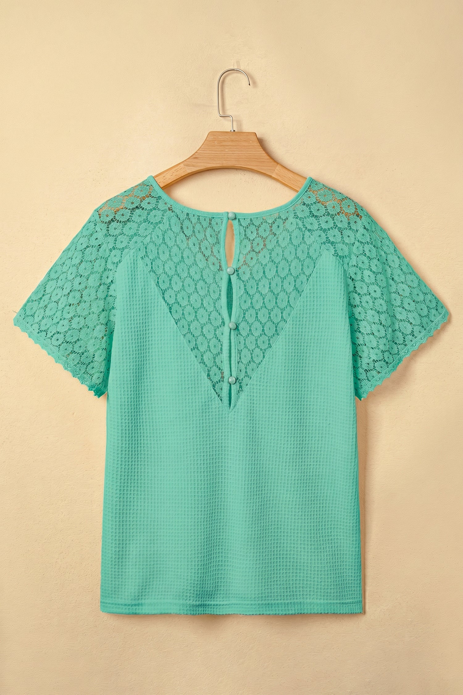 Mint Green Lace Splicing Button Cutout V Neck Waffle Knit Blouse