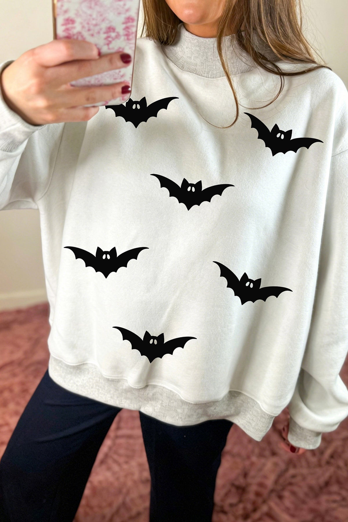 Light Grey BOO/ Halloween Bat Printed Reversible Mock Neck Pullover Sweatshirt