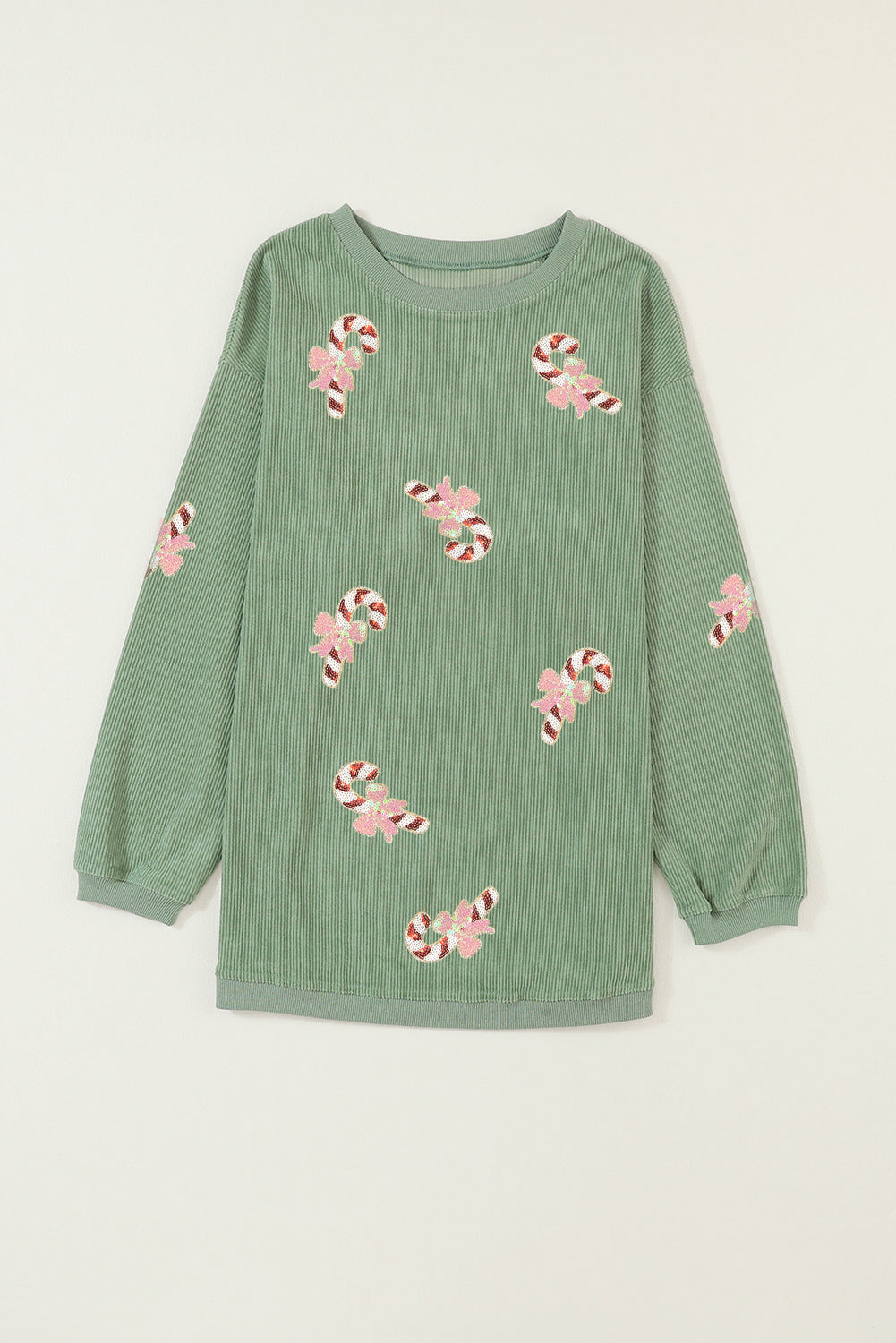 Grass Green Christmas Sequin Candy Cane Patched Corded Ribbed Baggy Sweatshirt