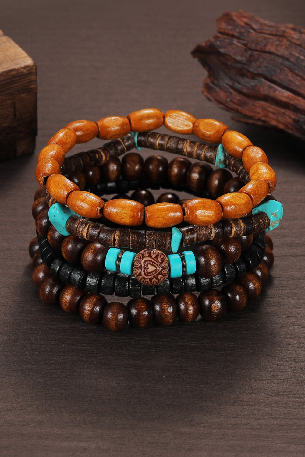 Chestnut Boho Turquoise Wooden Beaded Multi Layer Bracelet