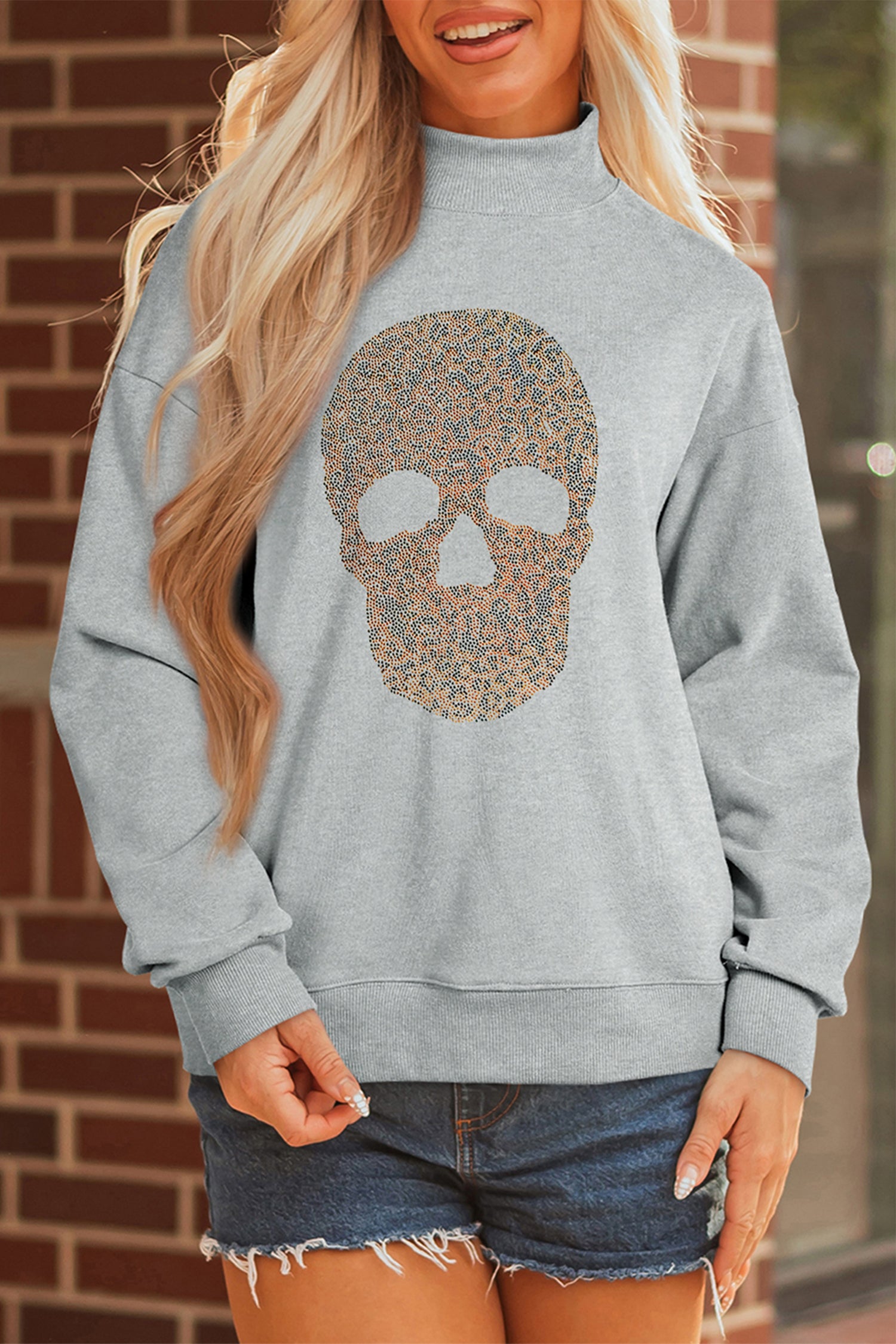 Gray Halloween Rhinestone Skull Graphic Mock Neck Baggy Pullover Sweatshirt