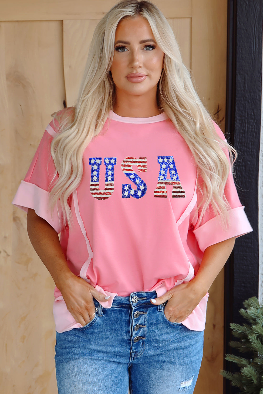 Peach Blossom USA Color Block High Low Crew Neck T Shirt