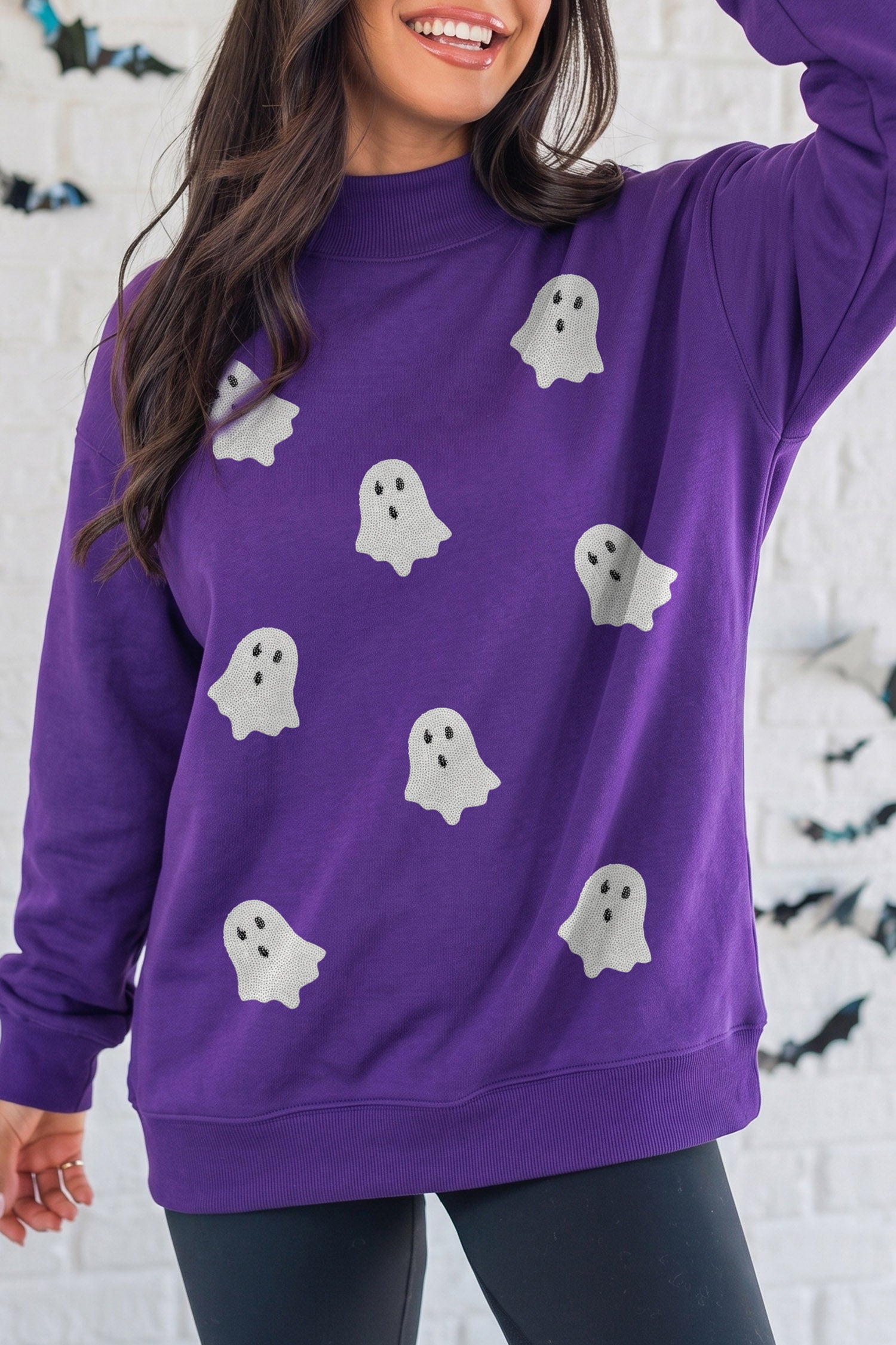 Tillandsia Purple Halloween Sequined Ghost Print Mock Neck Graphic Sweatshirt