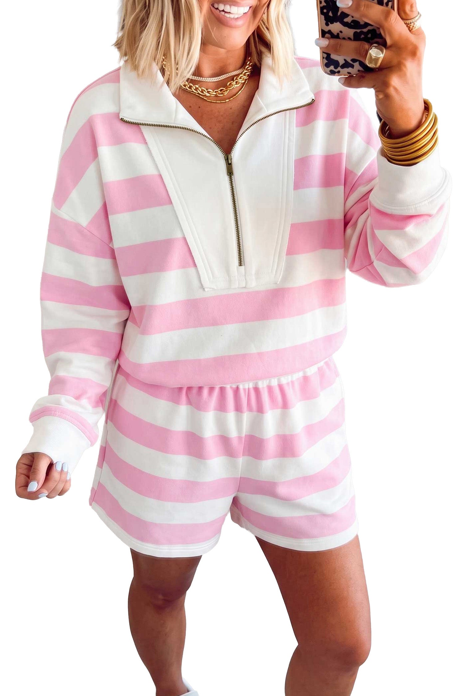 Pink Stripe Patchwork Zipper Pullover Elastic Waist Shorts 2pcs Set