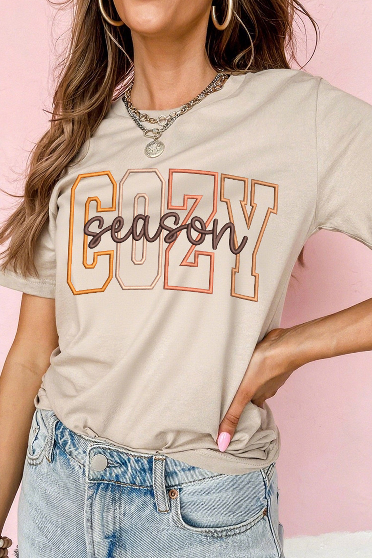 Khaki Embroidered Slogan Short Sleeve Graphic Tee