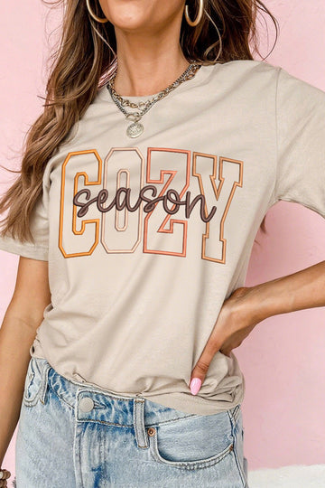Khaki Embroidered Slogan Short Sleeve Graphic Tee