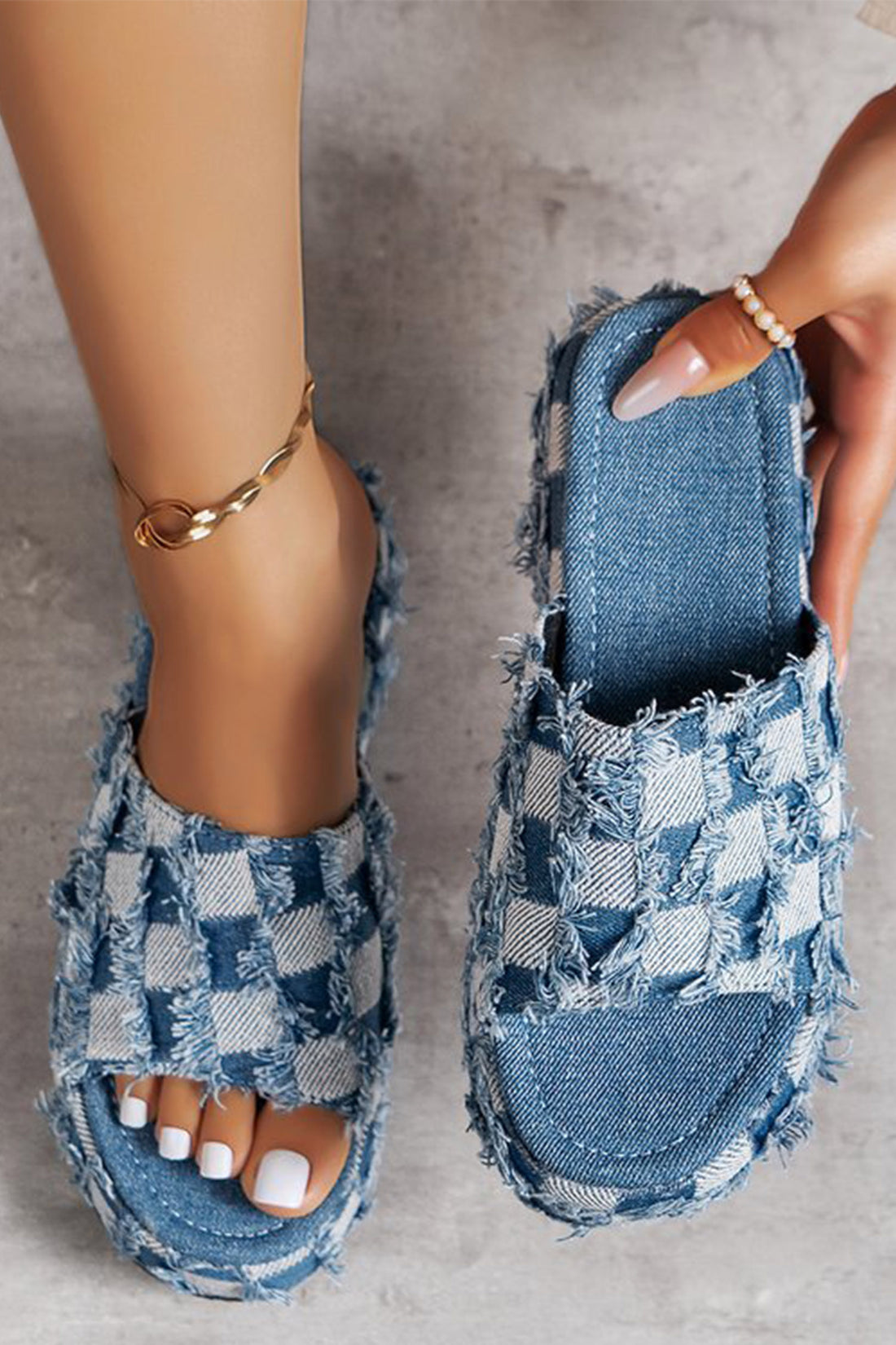 Peacock Blue Frayed Checkered Pattern Low Platform Canvas Slippers