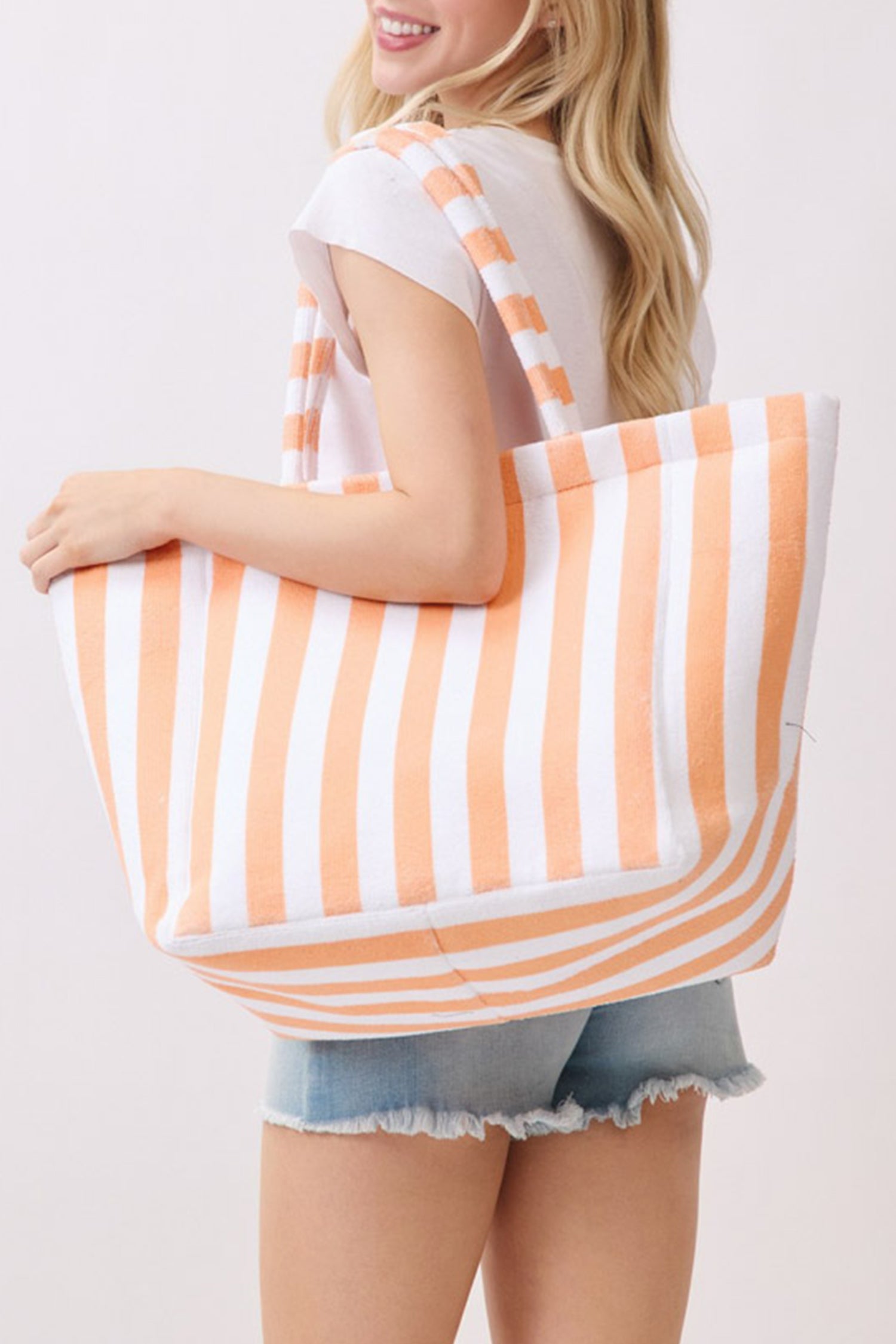 Grapefruit Orange Striped Terry Large Beach Tote Bag
