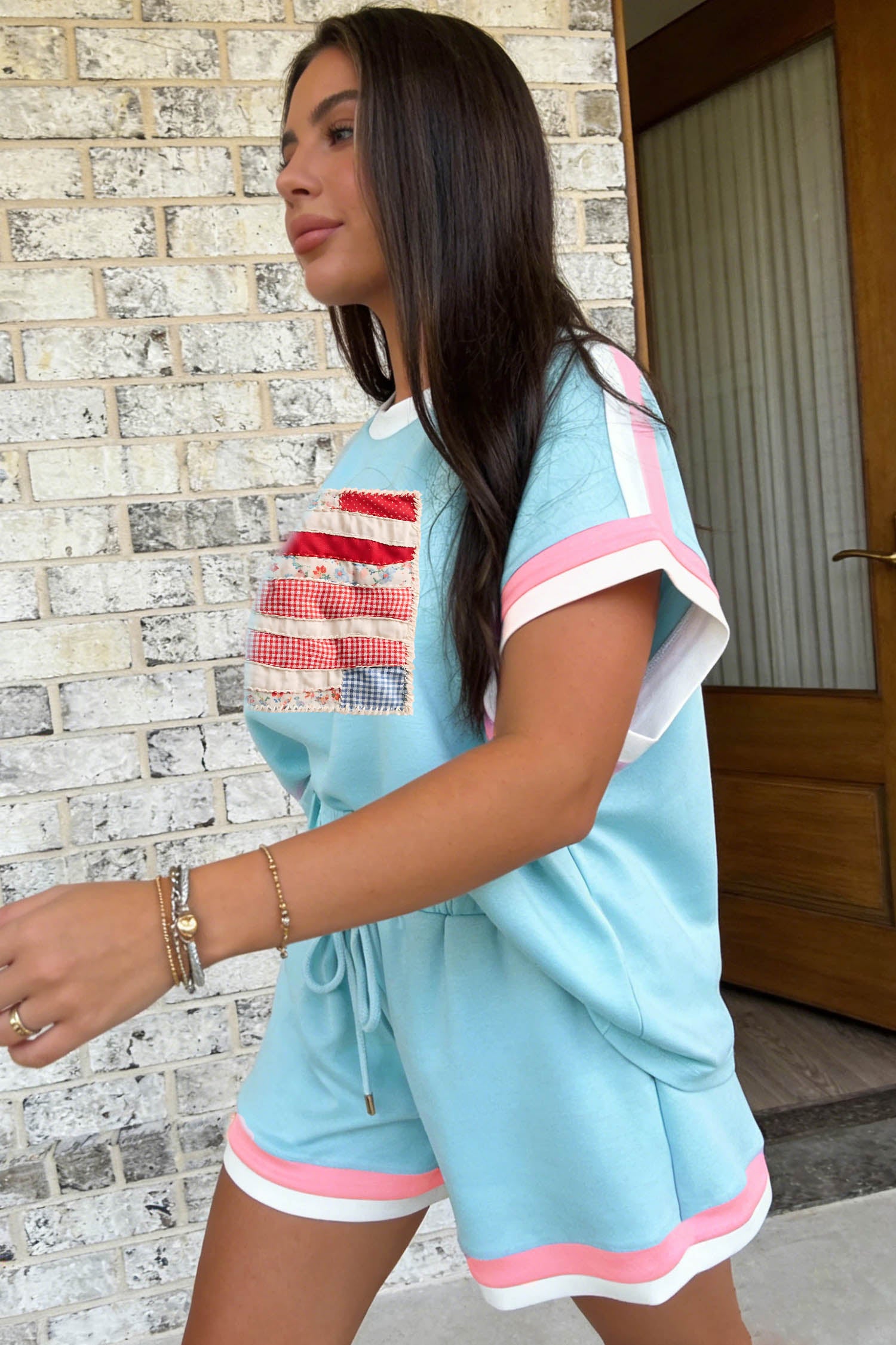 Mist Blue Color Block Trim Mixed Flag Pattern Short Two Piece Set