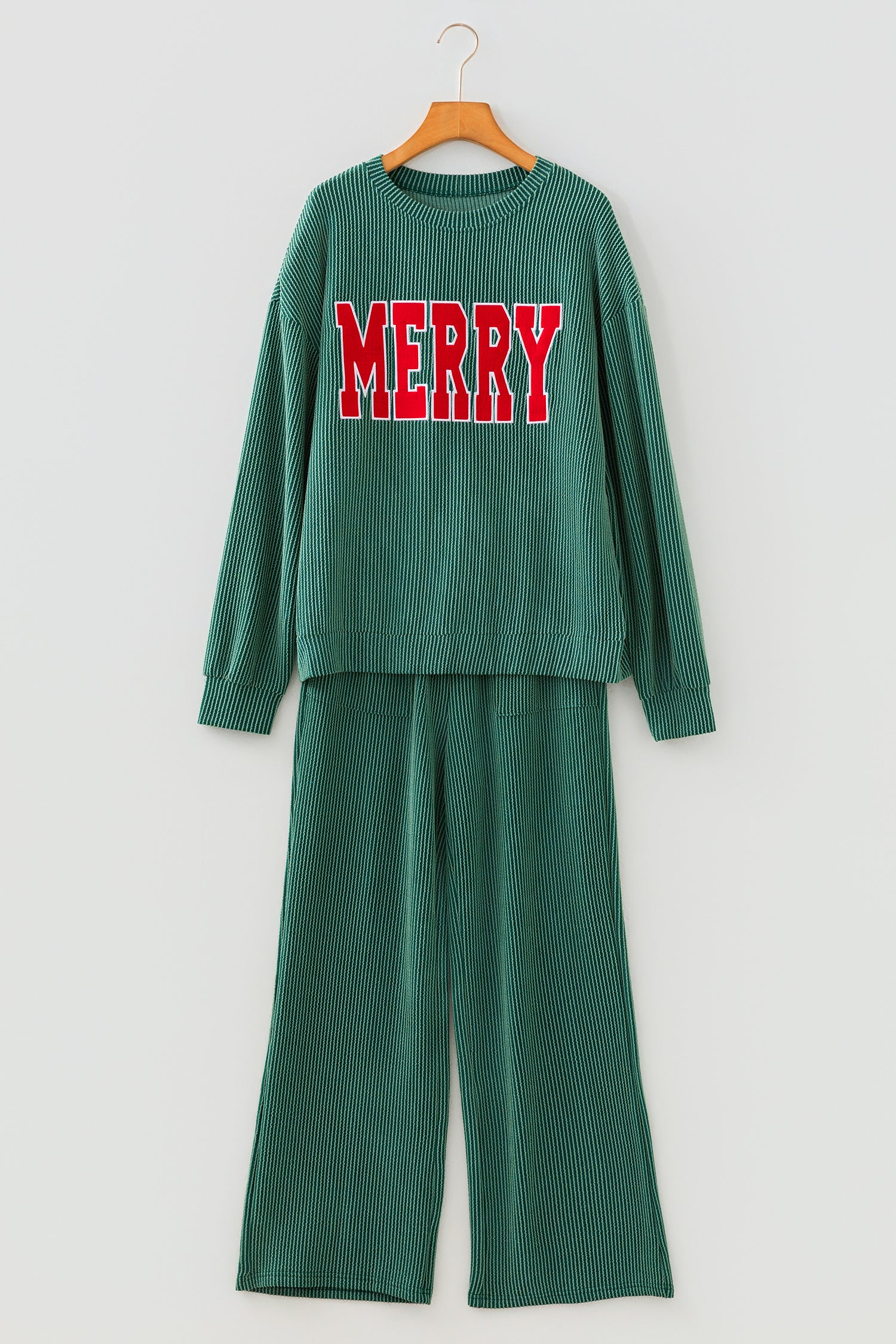 Dark Green MERRY Corded Long Sleeve Top and Pockets Pants Set