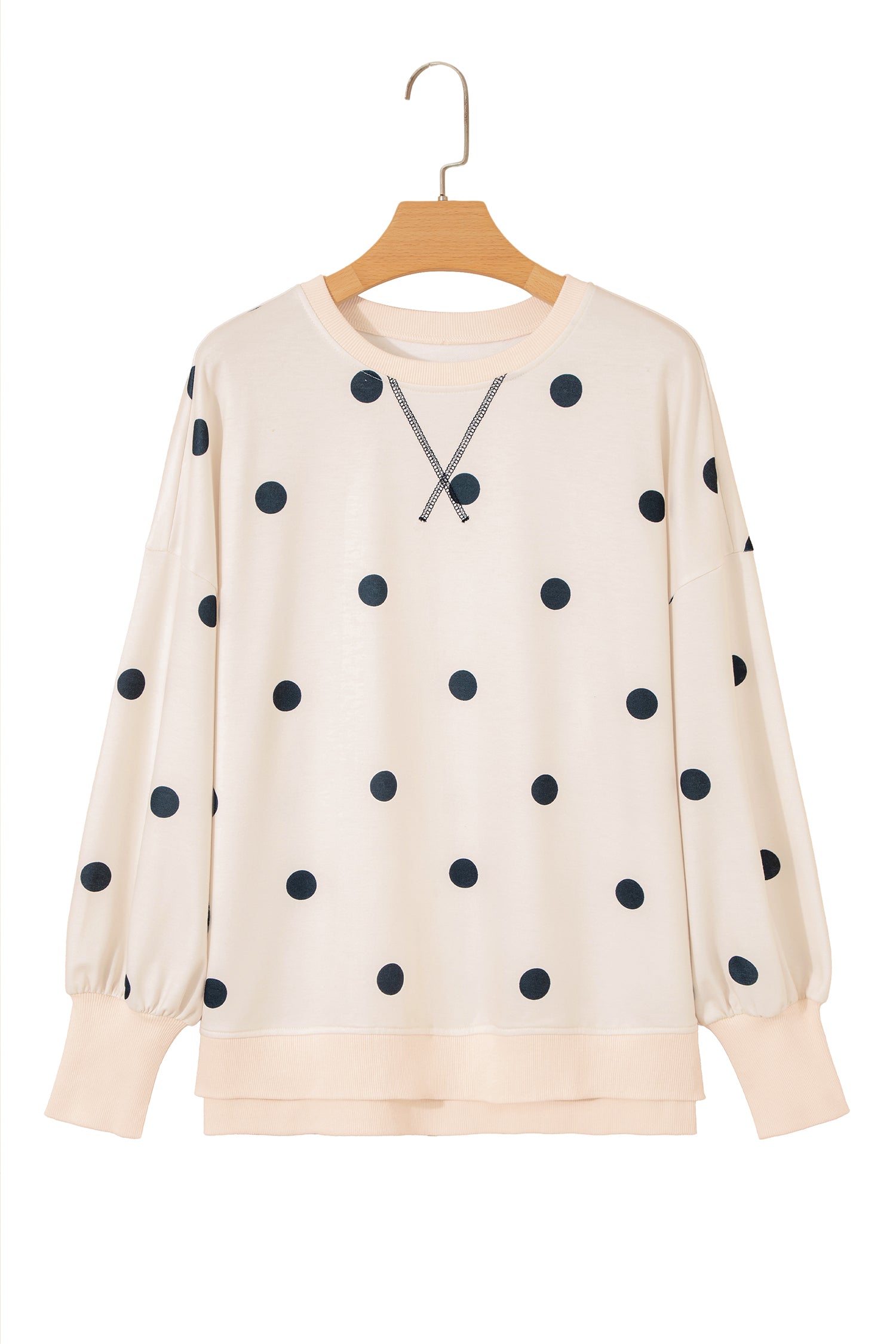 Beige Polka Dot Loose Long Sleeve Split Hem Pullover Top