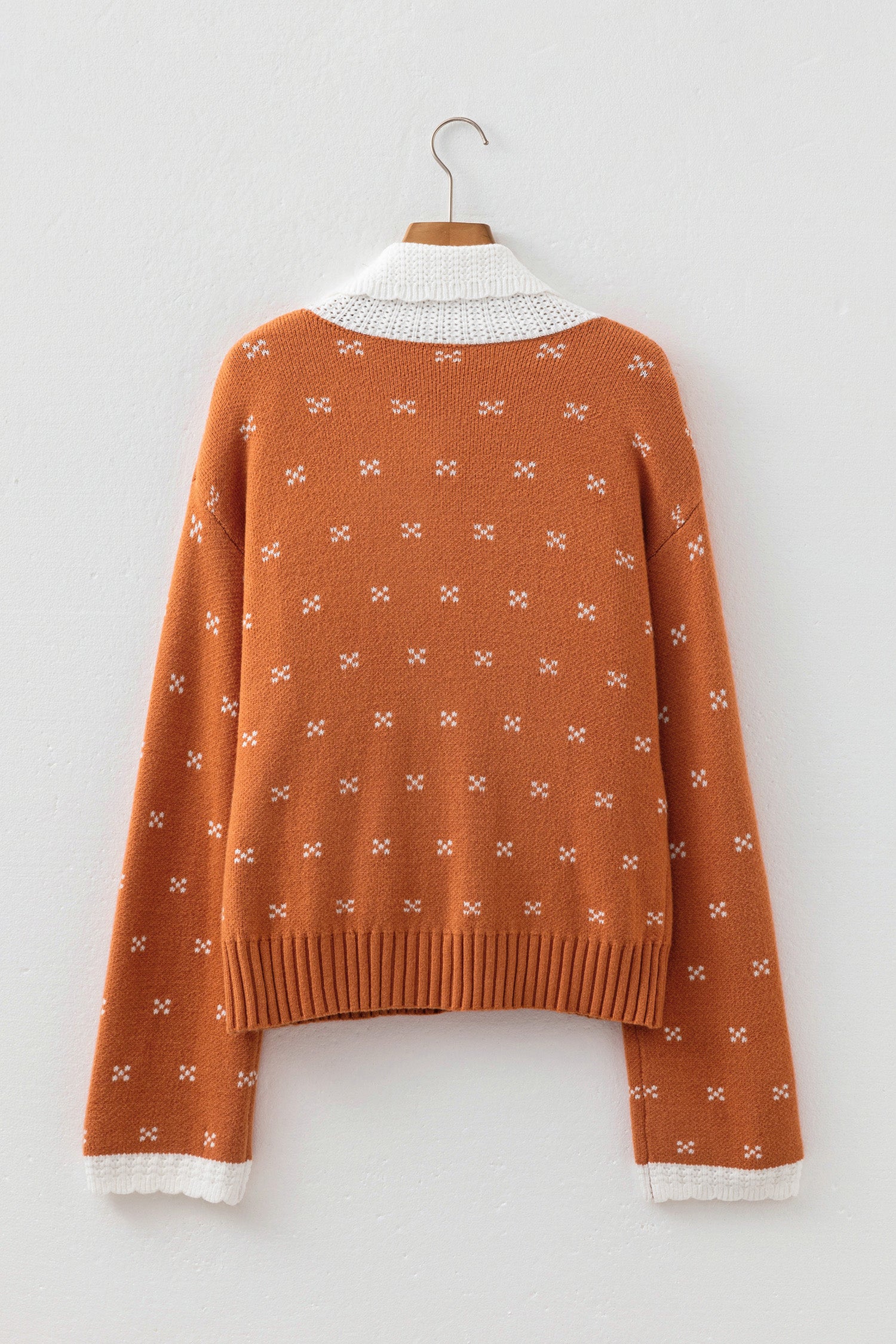 Russet Orange Peter Pan Collar Colorblock Long Sleeve Knitwear Cardigan