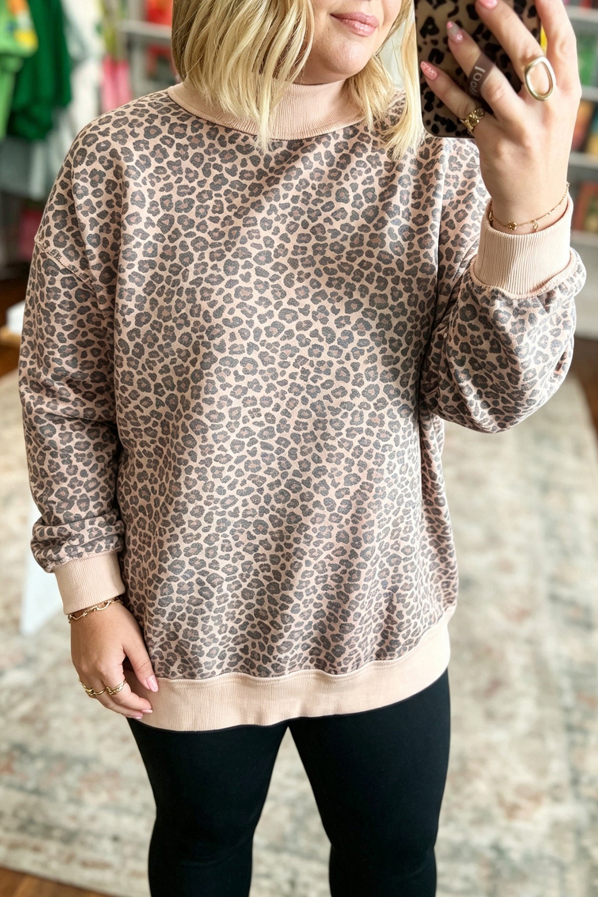 Multicolour Plus Size Leopard Print Ribbed Color Block Mock Neck Tunic Sweatshirt