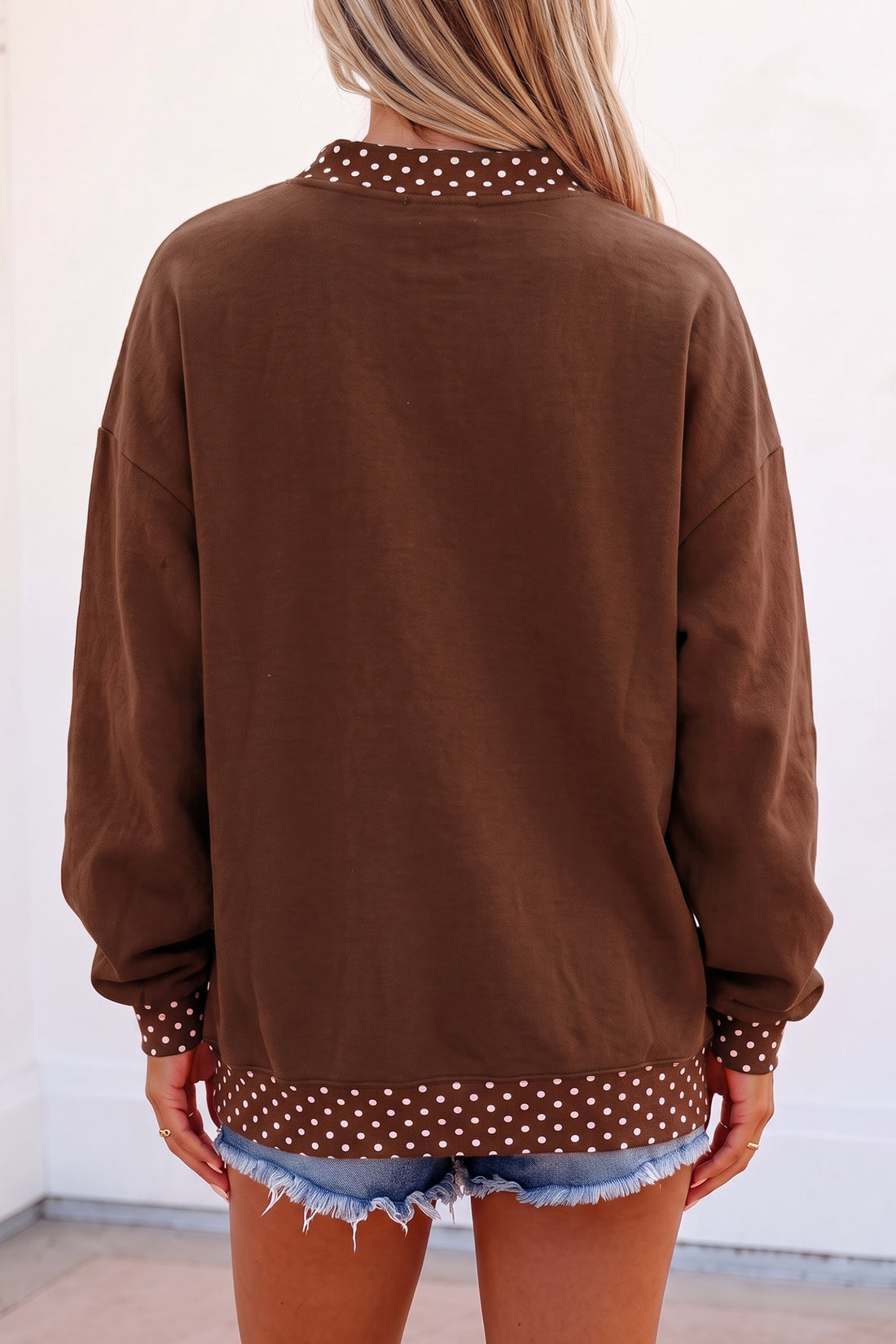 Brown Polka Dot Contrast Trim Slogan Printed Tunic Pullover Sweatshirt