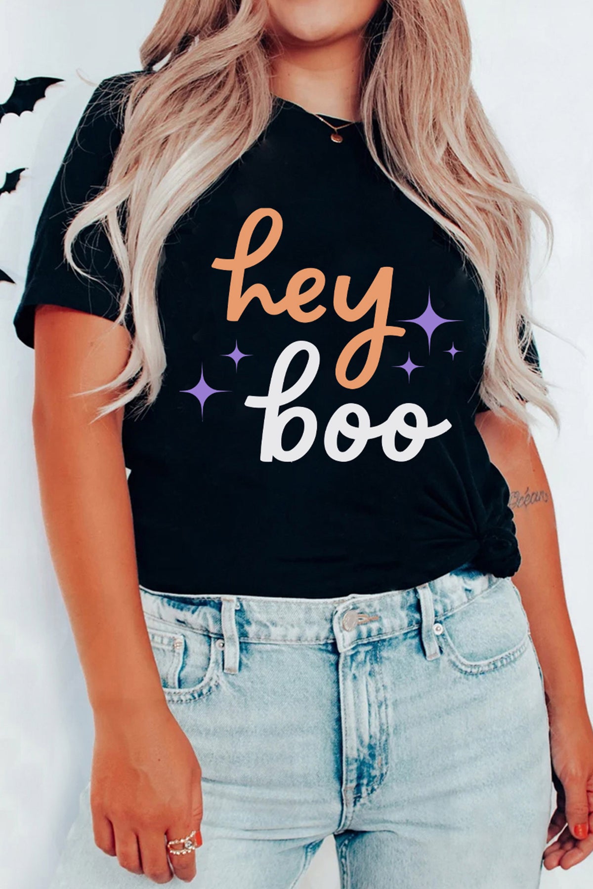 Black Hey Boo Slogan Halloween Round Neck Casual T Shirt