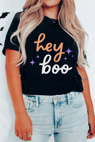 Black Hey Boo Slogan Halloween Round Neck Casual T Shirt