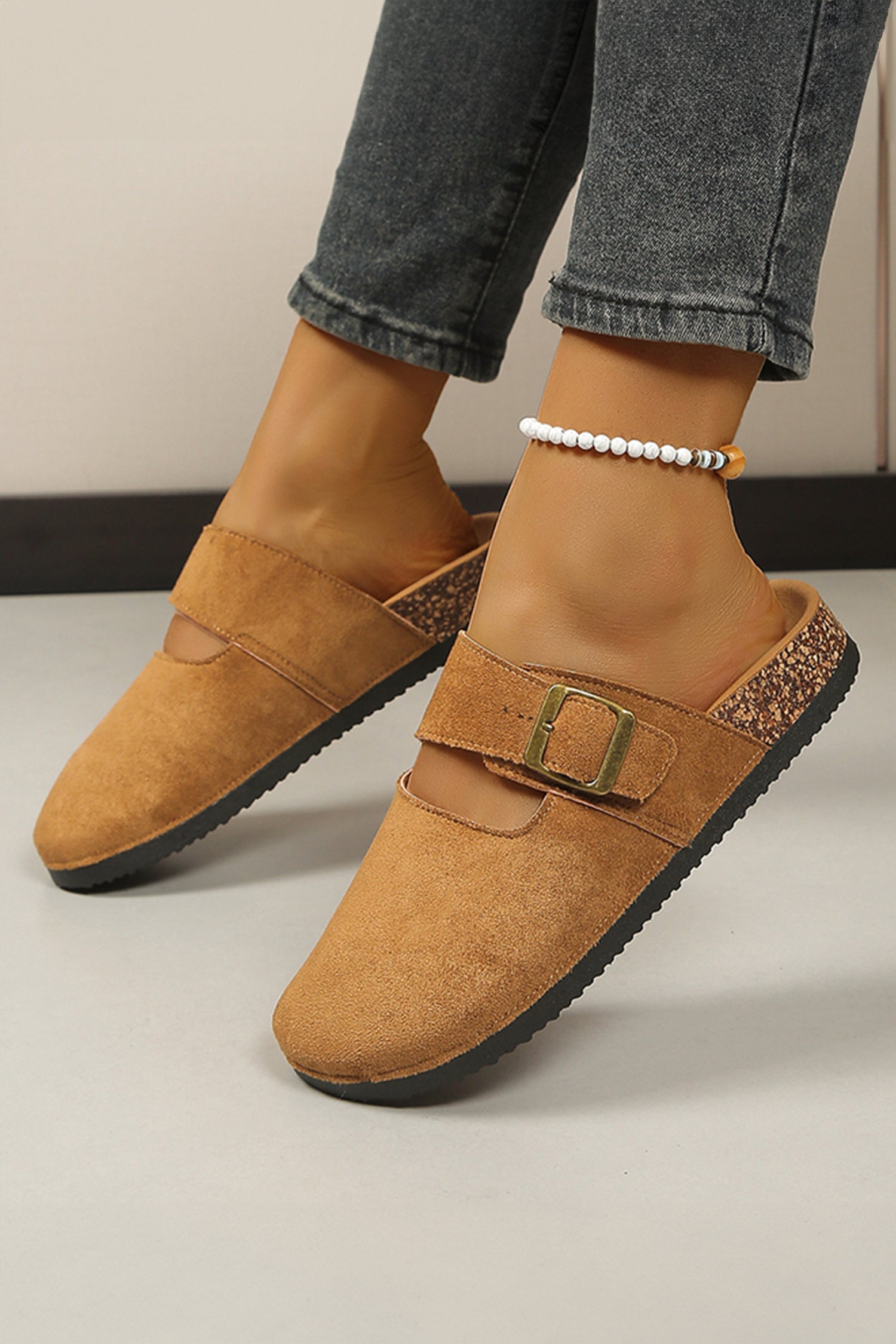 Camel Faux Suede Retro Buckle Clog Slippers